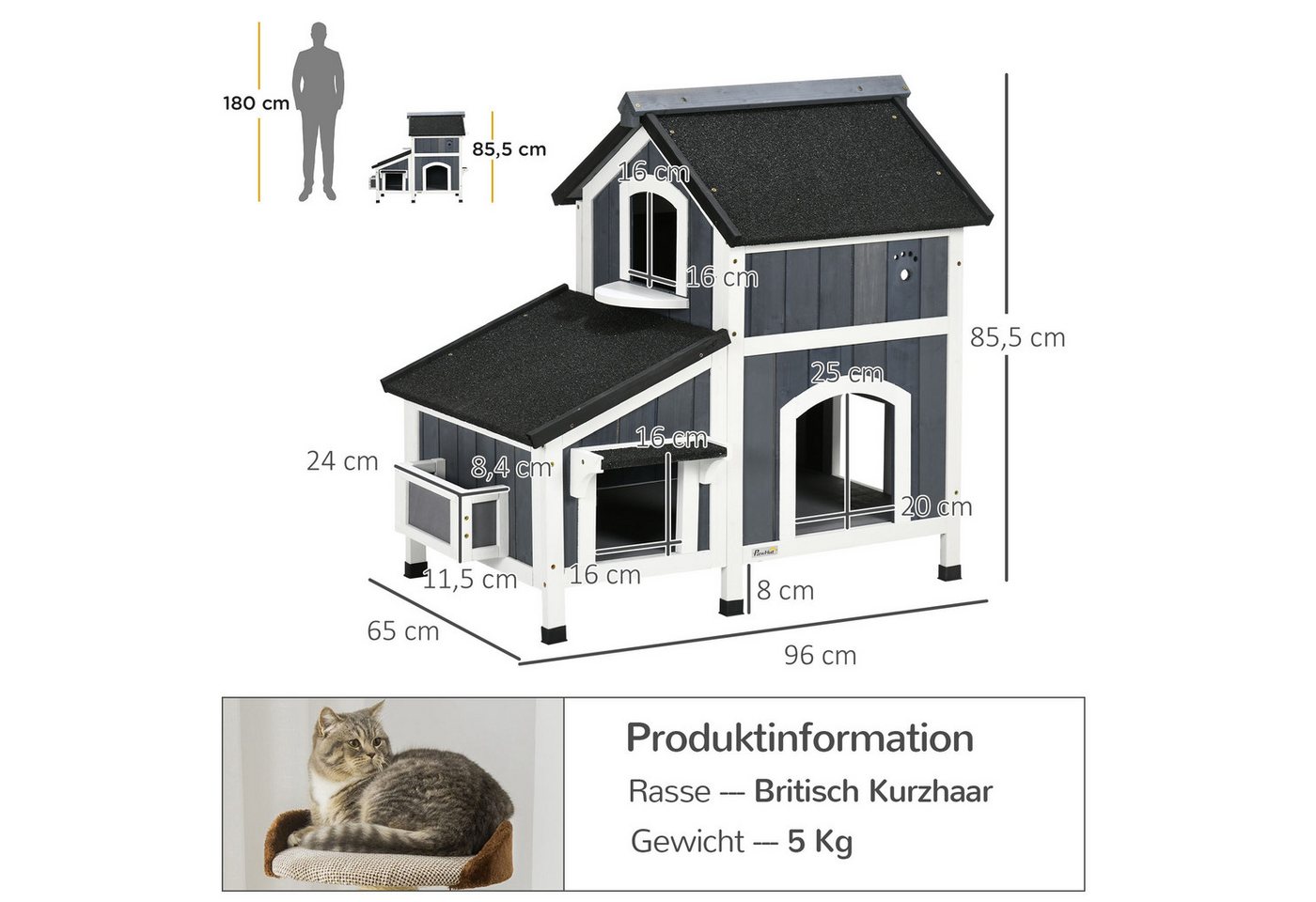 Thumbnail - i@home Tierhaus Katzenhaus aus Tannenholz,2 Etagen,Katzenhütte mit mehreren Eingängen
