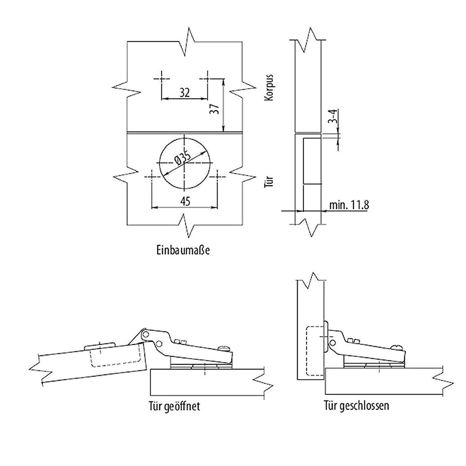 SO-TECH® Türbeschlag Topfbänder Mittelanschlag mit Dämpfer und Kreuzplatte (1 St), T45, inkl. Kreuzplatte, Abdeckungen und Montageschrauben