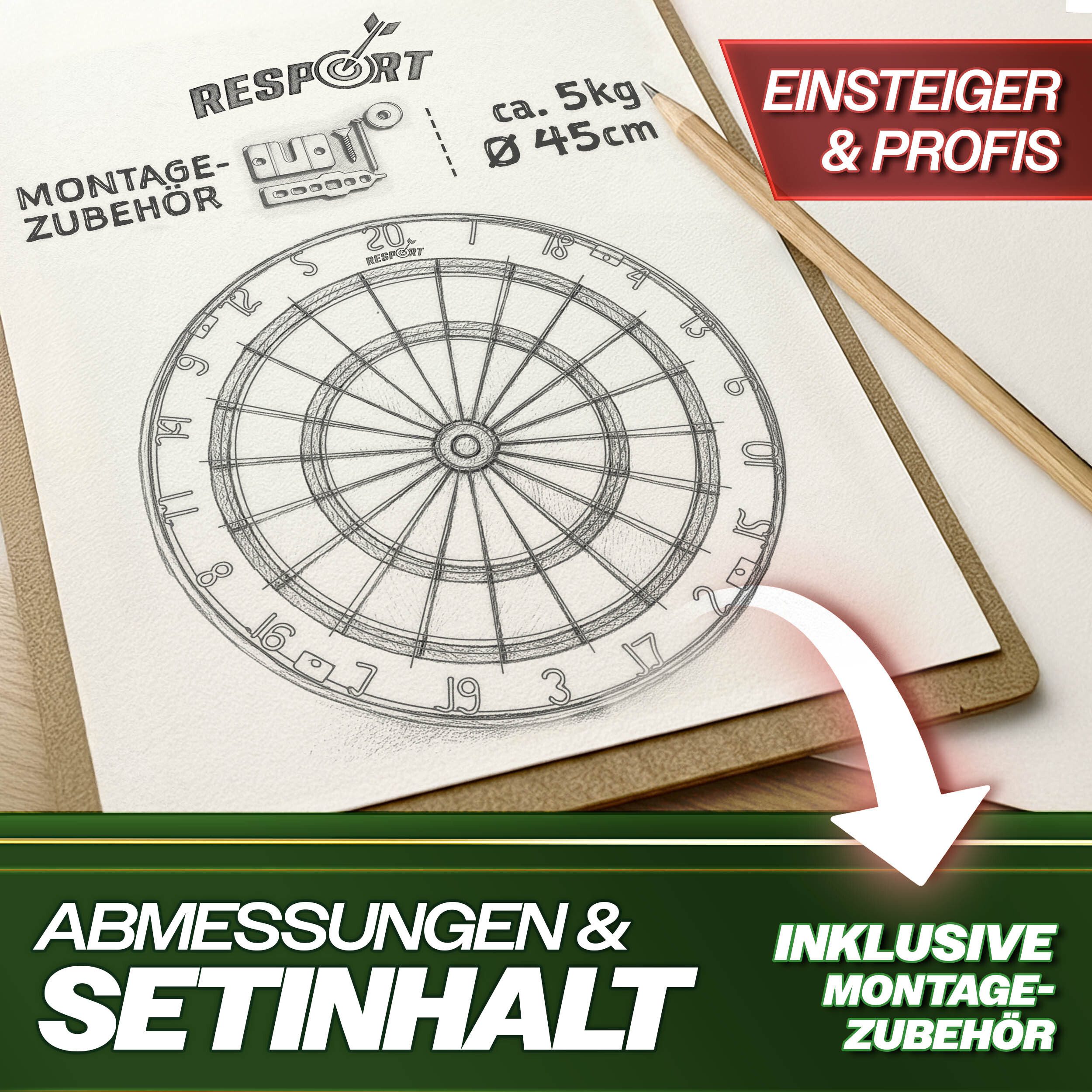 RE:SPORT Dartscheibe RE:SPORT® Steel Dartscheibe mit 9 darts 24 flights, (mit ultradünnem Drahtsystem, inkl. Montageset, Offizielle Professional Steeldartscheibe), Sisal Premium Dartscheibe Steeldart Dartboard