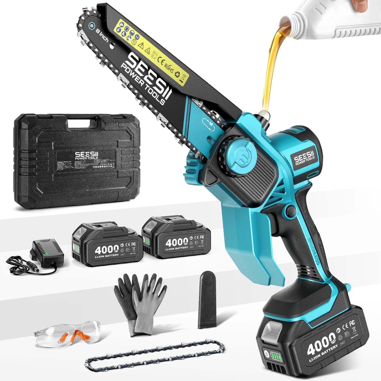 SEESII Akku-Kettensäge 8‑Zoll Mini‑Kettensäge, 2026 verbesserter bürstenloser Motor, 20,32 cm Schwertlänge, Elektrische Kettensäge mit 2×4000mAh Akkus, werkzeuglose Kettenspannung und Öler für Äste