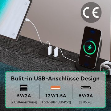 WISHDOR Polsterbett Stauraumbett (2 Schubladen, ohne Matratze), mit USB Typ C Ladefunktion und LED-Beleuchtung, 90x200cm