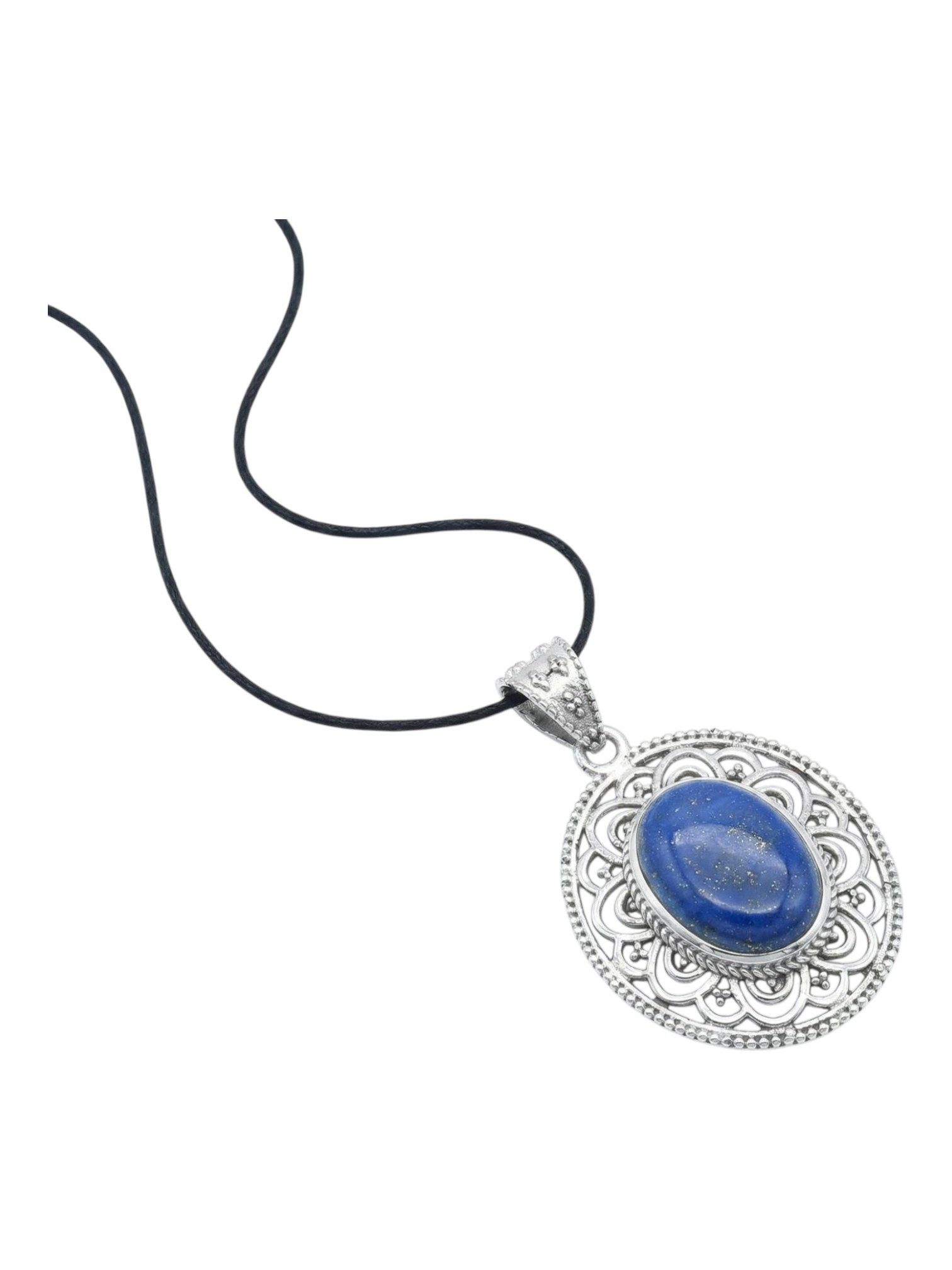 mantraroma Kettenanhänger MIUNI aus 925 Silber mit Lapis Lazuli (Kettenanhänger am Baumwollband im Schmuckbeutel), 925 Sterling Silber Kettenanhänger für Damen