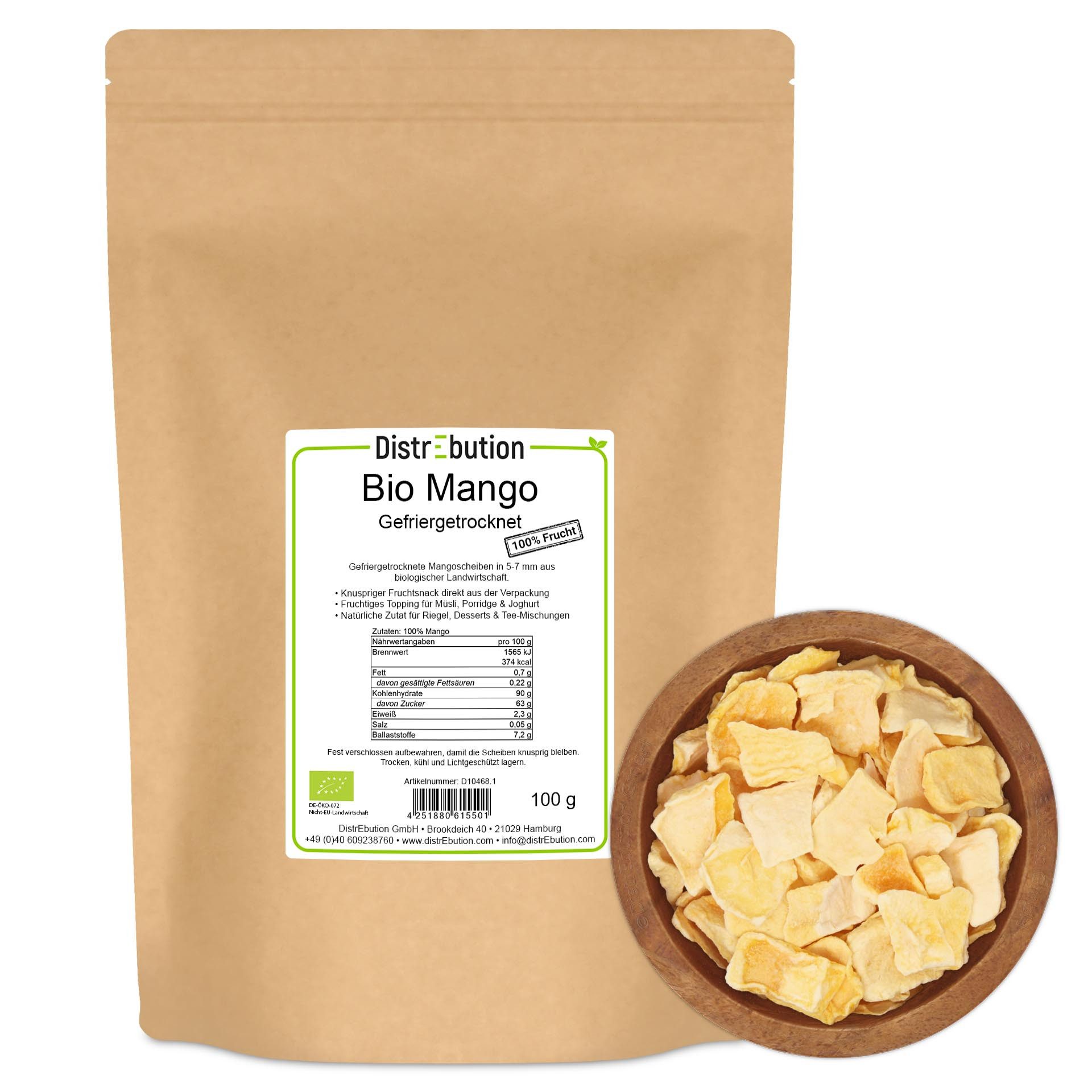 DistrEbution Trockenfrüchte Bio Mango gefriergetrocknet - knusprige Mangostücke, 100 % Frucht