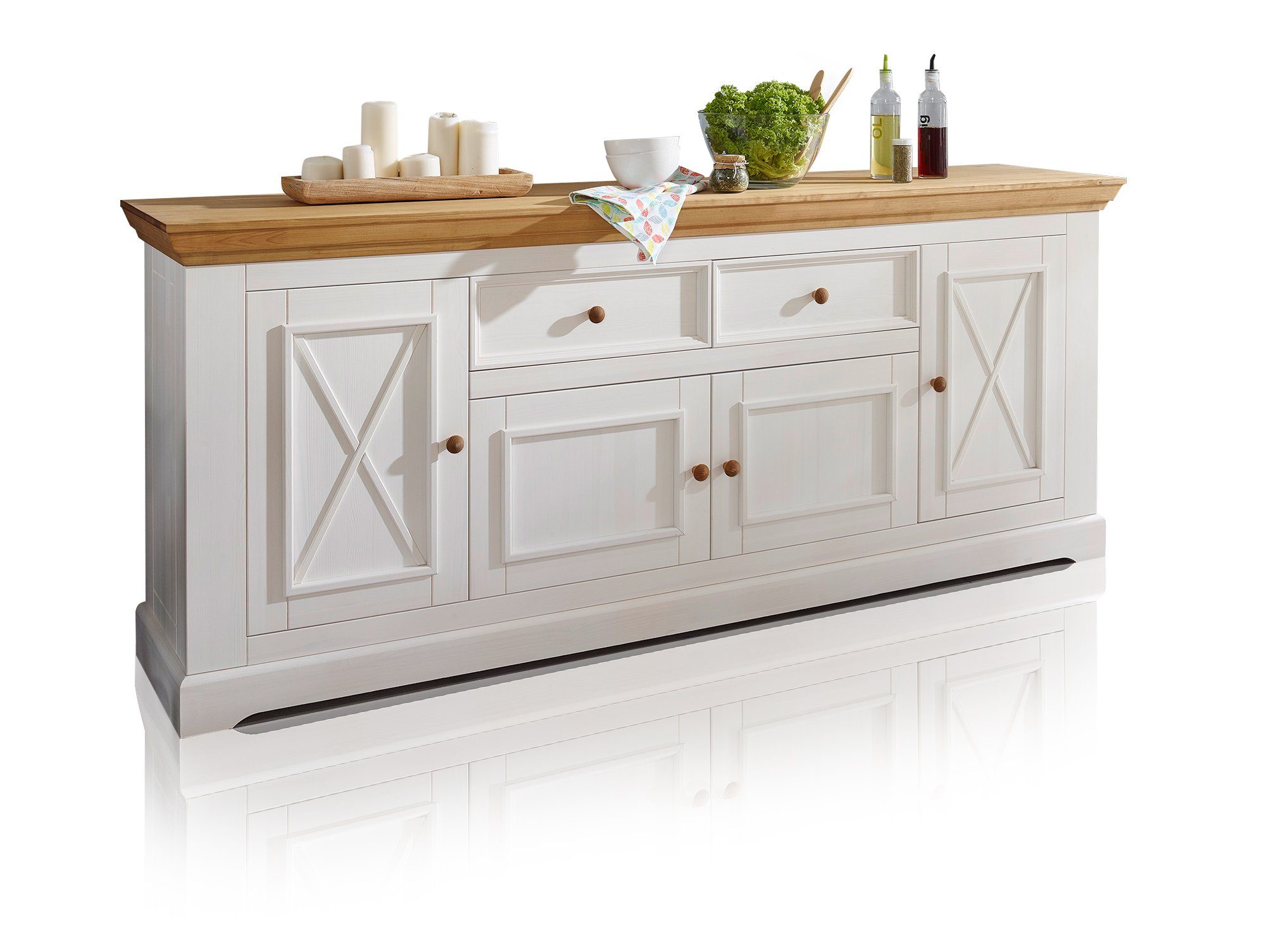Moebel-Eins Kommode, BORNHOLM Sideboard I, Material Massivholz, Kiefer weiss/eichefarbig