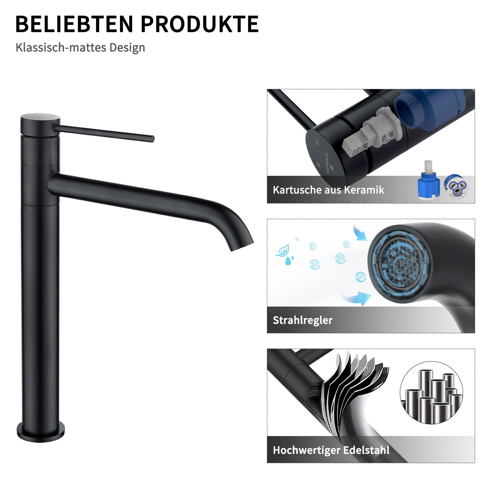 HOMELIVE Badarmatur Edelstahl Badarmatur Schwarz Waschbecken Armatur Wasserhahn Bad aus (Armatur mit hohe Ausflauf) Mischbatterien 360° Schwenkbar Waschtischarmatur, Schwarz