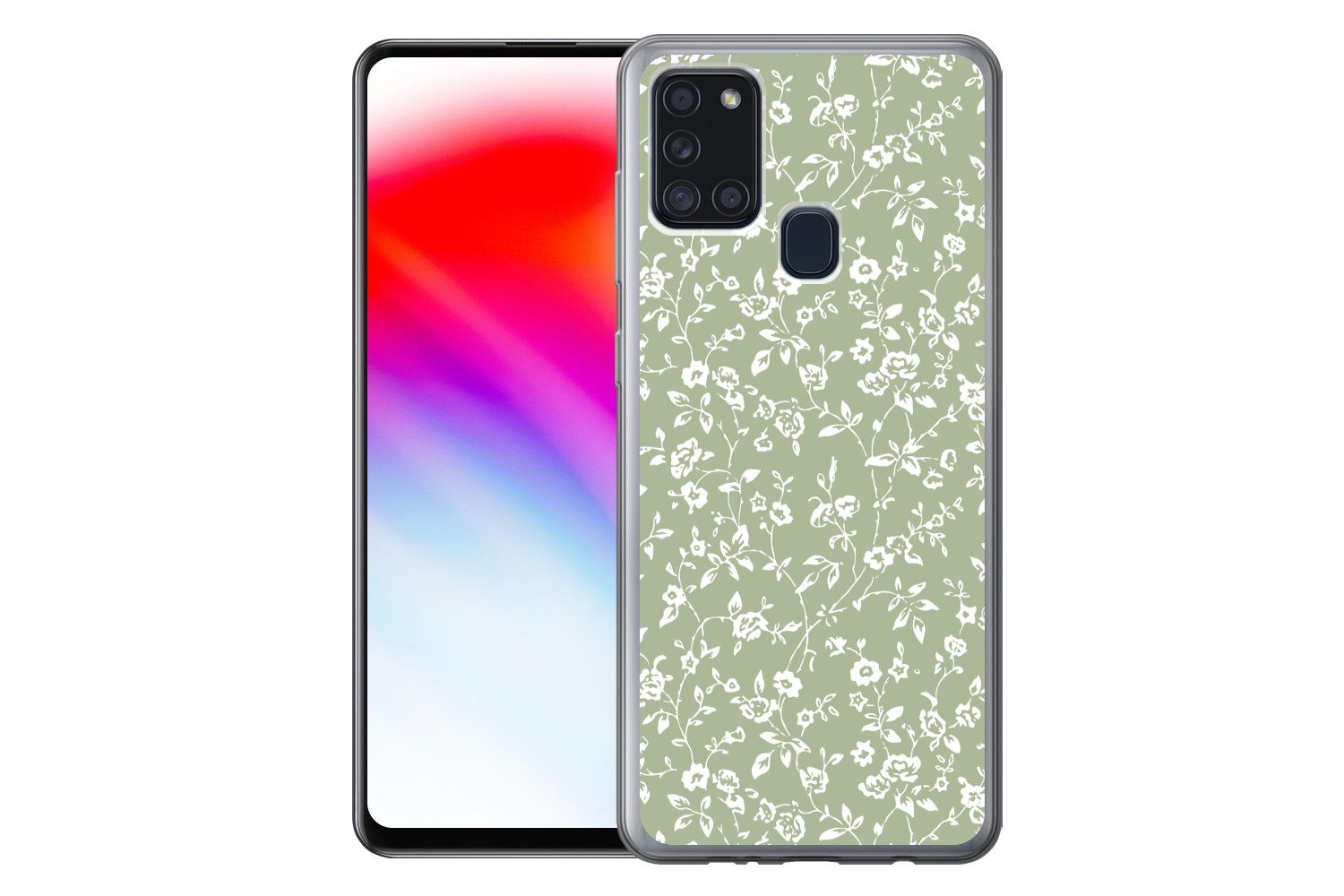 MuchoWow Handyhülle für Samsung Galaxy A21s Blumen - Druck - Grün - Weiß, Smartphone-Bumper, Print, Handy Schutzhülle Dünn