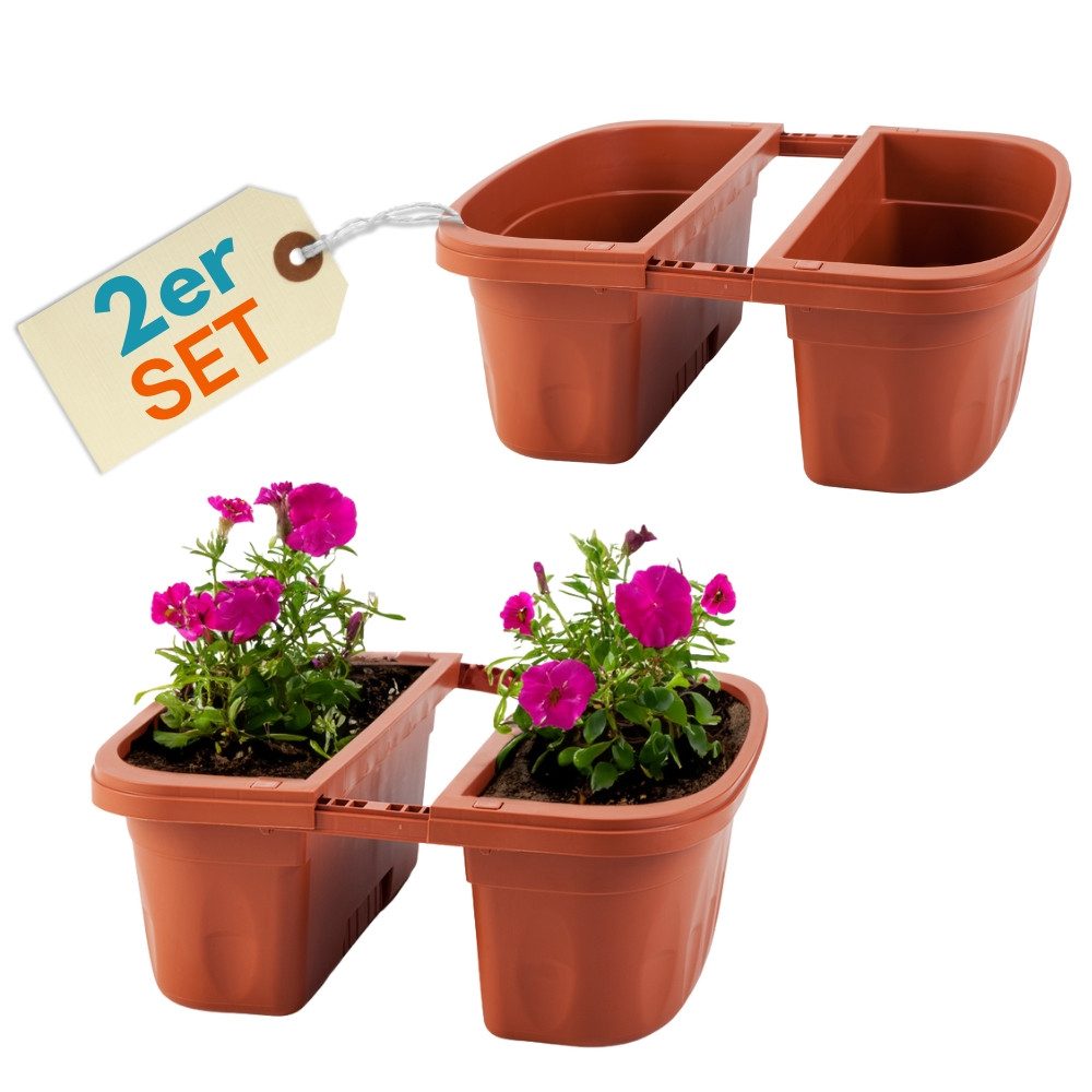 GarPet Blumenkasten 2er Set Blumen Kasten Beidseitig Balkon Geländer Halterung Teracotta