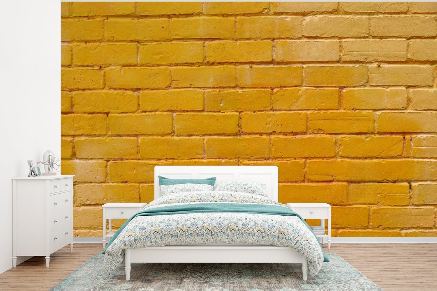 MuchoWow Fototapete Ziegel - Gelb - Wand, Matt, bedruckt, (6 St), Wallpaper für Wohnzimmer, Schlafzimmer, Kinderzimmer, Vinyl Tapete