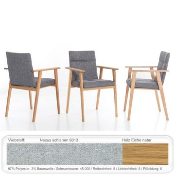 expendio Essgruppe Alois 1XL, (komplette Tischgruppe, Spar-Set, 6-tlg), Tisch Eiche rustikal + Bank + Stuhl + Armlehnstuhl Aranel schlamm