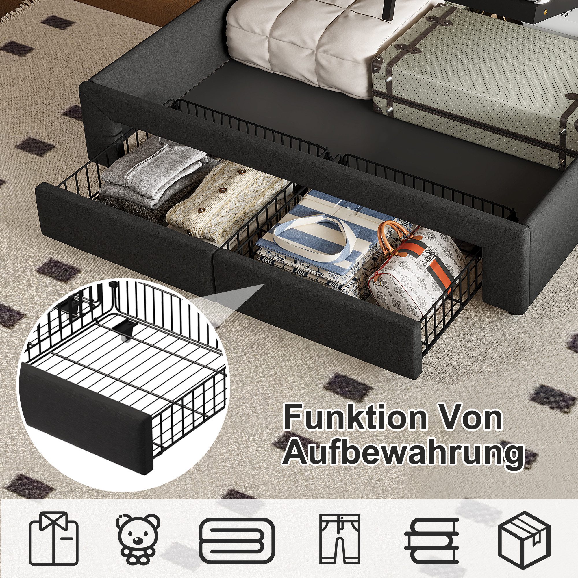 Yelenaro Polsterbett LED Stauraumbett mit Schubladen und Ladefunktion (mit hydraulischer Stauraum,Grau,Leinenstoff), Doppelbett mit LED-Beleuchtung,Jugendbett 1 – Bild 3 von 5