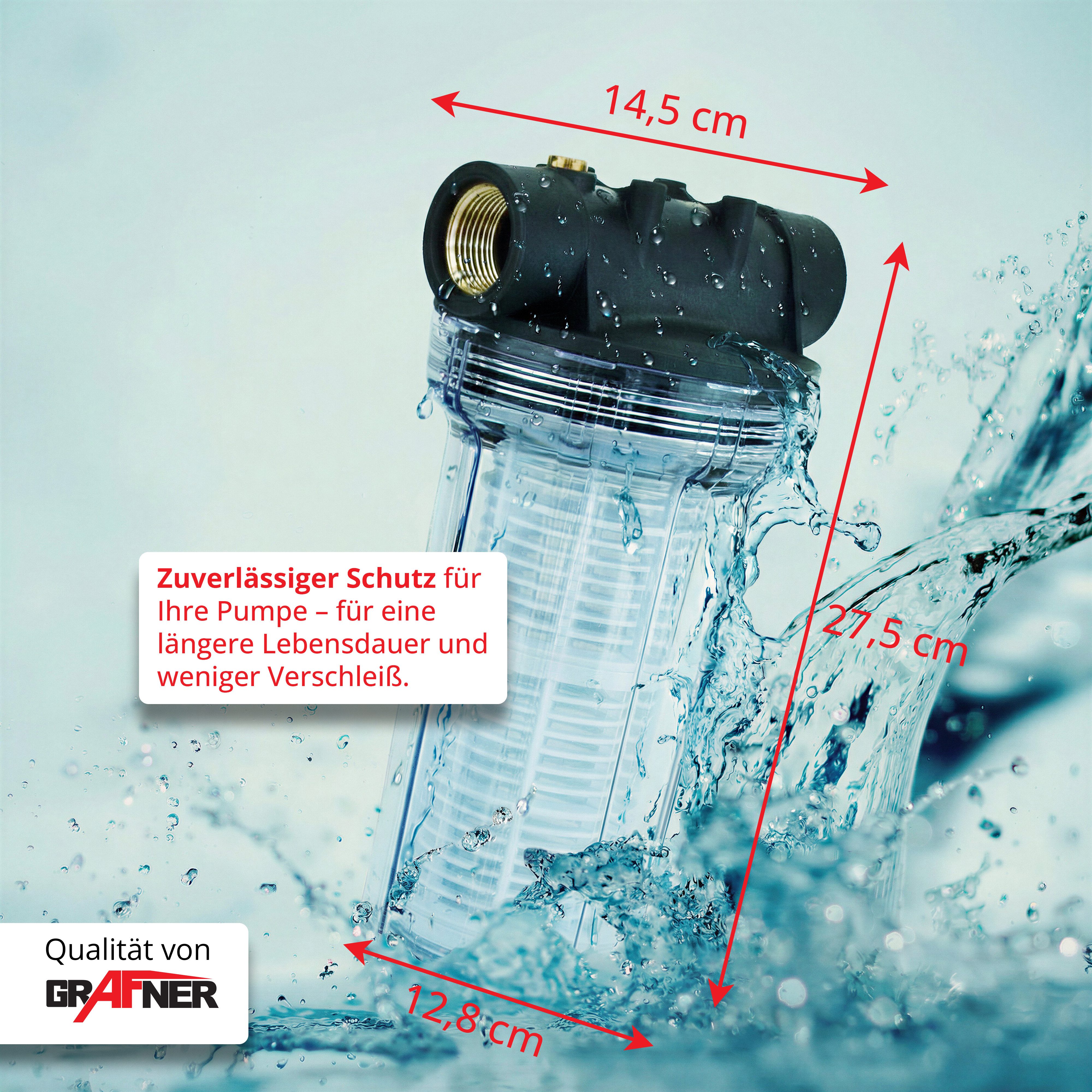 Grafner Vorfilter Filter für Hauswasserwerke und Gartenpumpen lang mit Einsatz, Auswaschbare Filterkartusche, Beidseitiger Gewindeanschluss