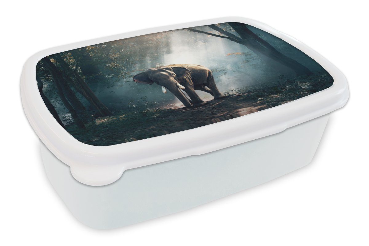 MuchoWow Lunchbox Elefant - Tiere - Licht - Wald - Natur - Wildtiere, Kunststoff, (2-tlg), Brotbox für Kinder und Erwachsene, Brotdose, für Jungs und Mädchen weiß