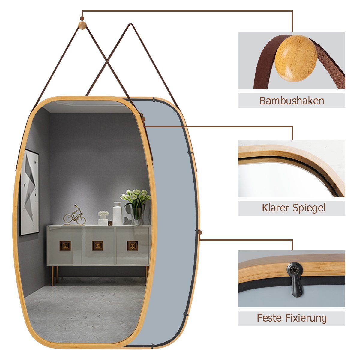 Lederband Wandspiegel, COSTWAY und verstellbarem Bambus-Rahmen mit