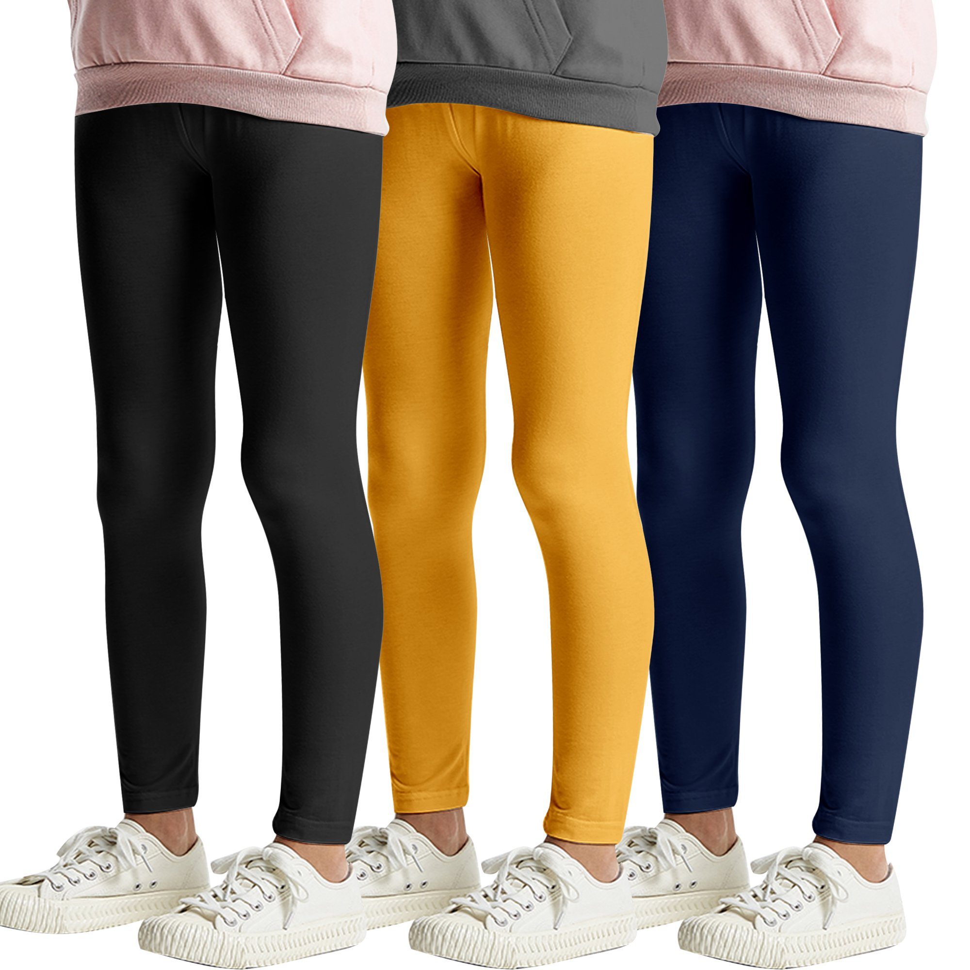 L&K-II 7/8-Leggings 2708-3er (3er-Pack) Basic Uni Farbe Mädchen Tanzhose aus Baumwolle Schwarz/Dunkelblau/Gelb