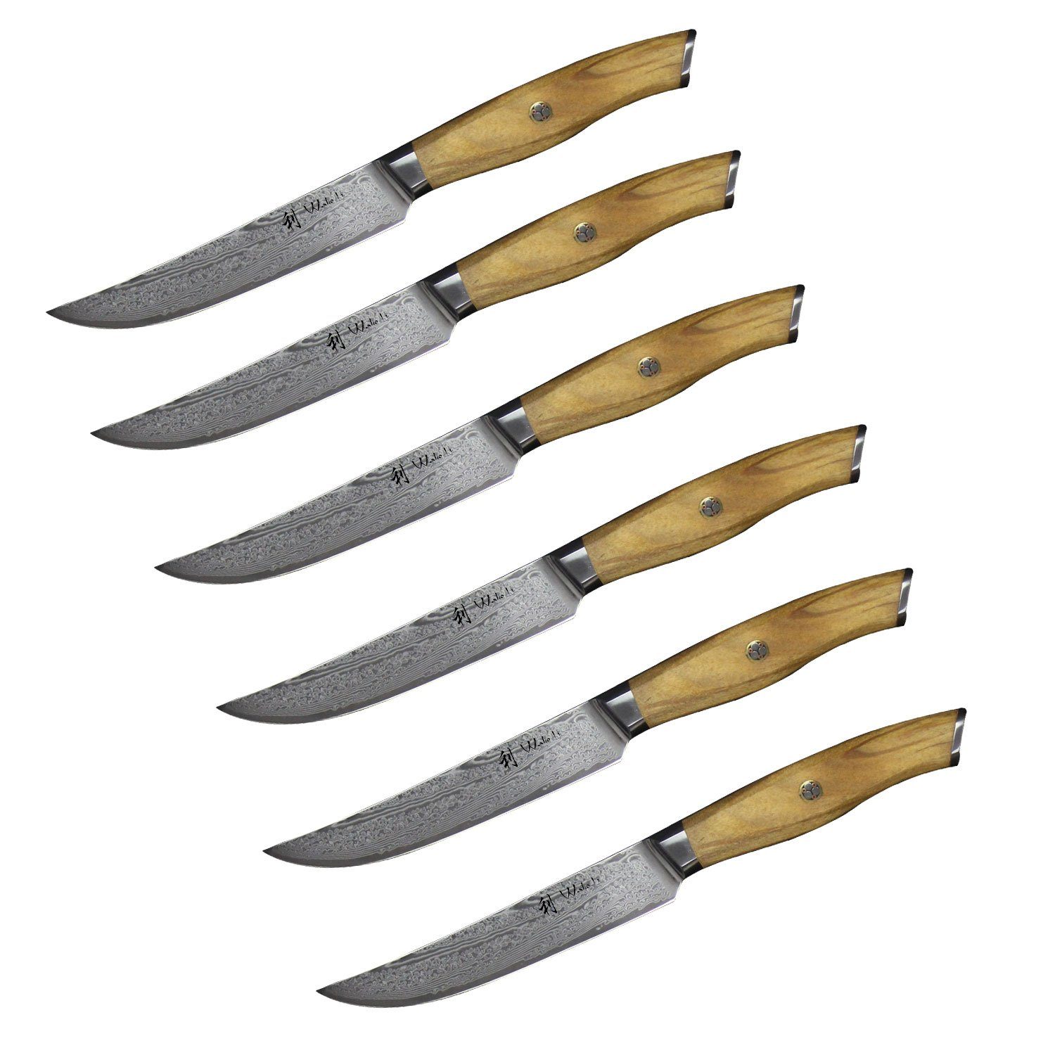 Steakmesser-Set, 6er - Damast cm Klingenlänge Wakoli Messer-Set Olivenholz 12.50 Griffe