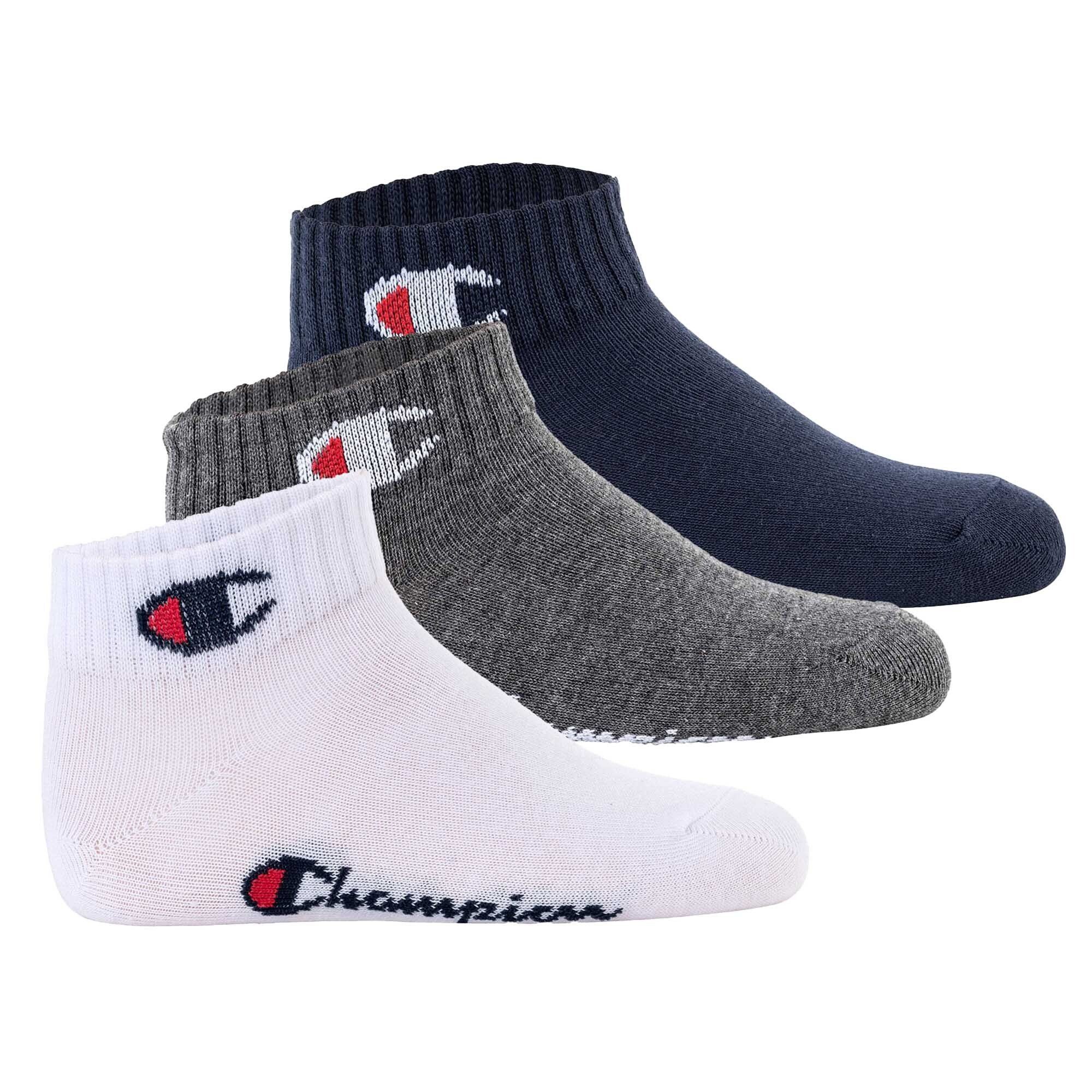 Champion Freizeitsocken Kinder Socken, 3er Pack - Quarter, Logo, einfarbig Blau/Weiß/Grau