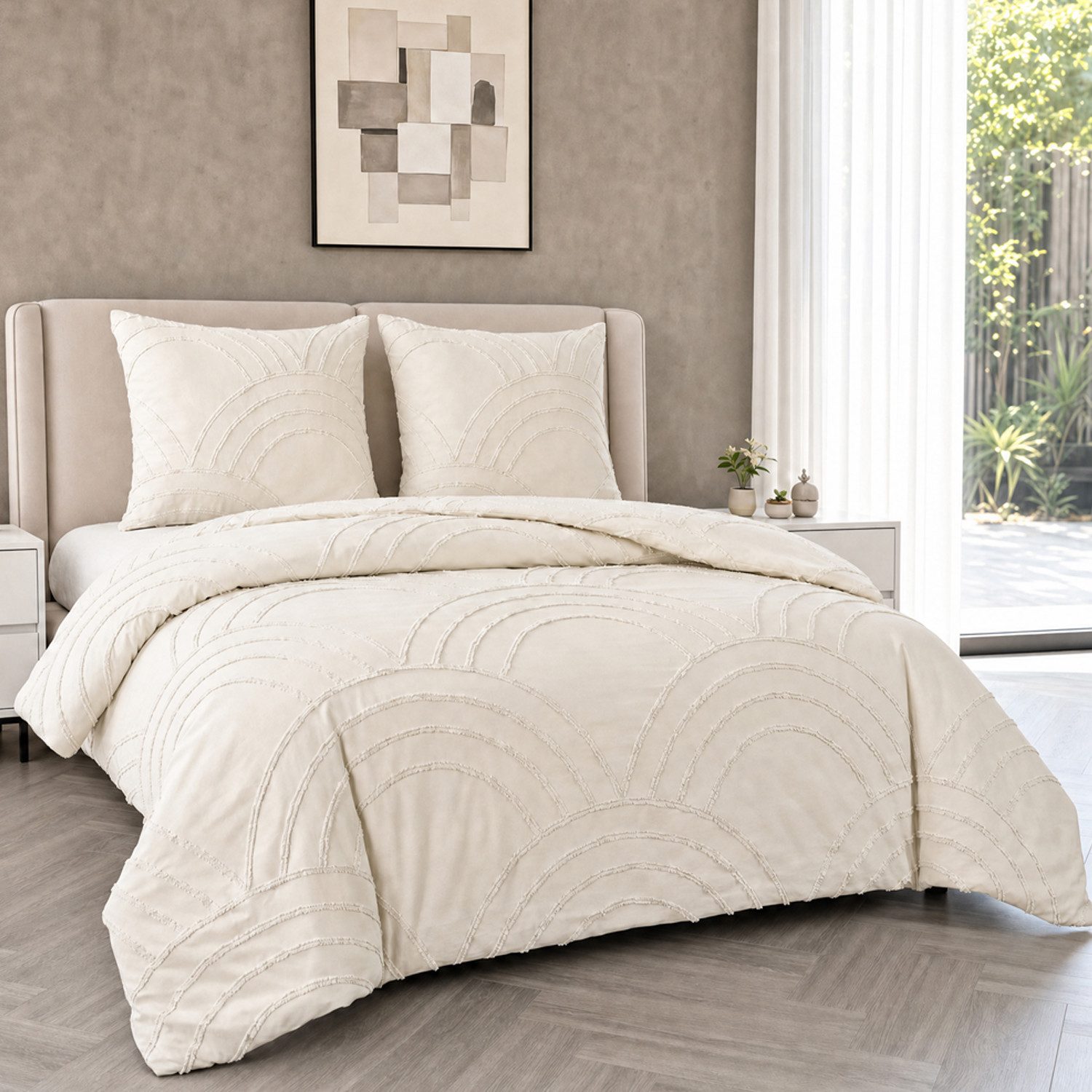 Fyrove Bettwäsche Boho Bettwäsche 135x200 Beige Getuftet, Stickerei Shabby Chic Bettbezug, Mikrofaser, 3 teilig, Boho-Stickerei Bettwäsche-set mit Reißverschluss,Kissenbezug 80x80cm