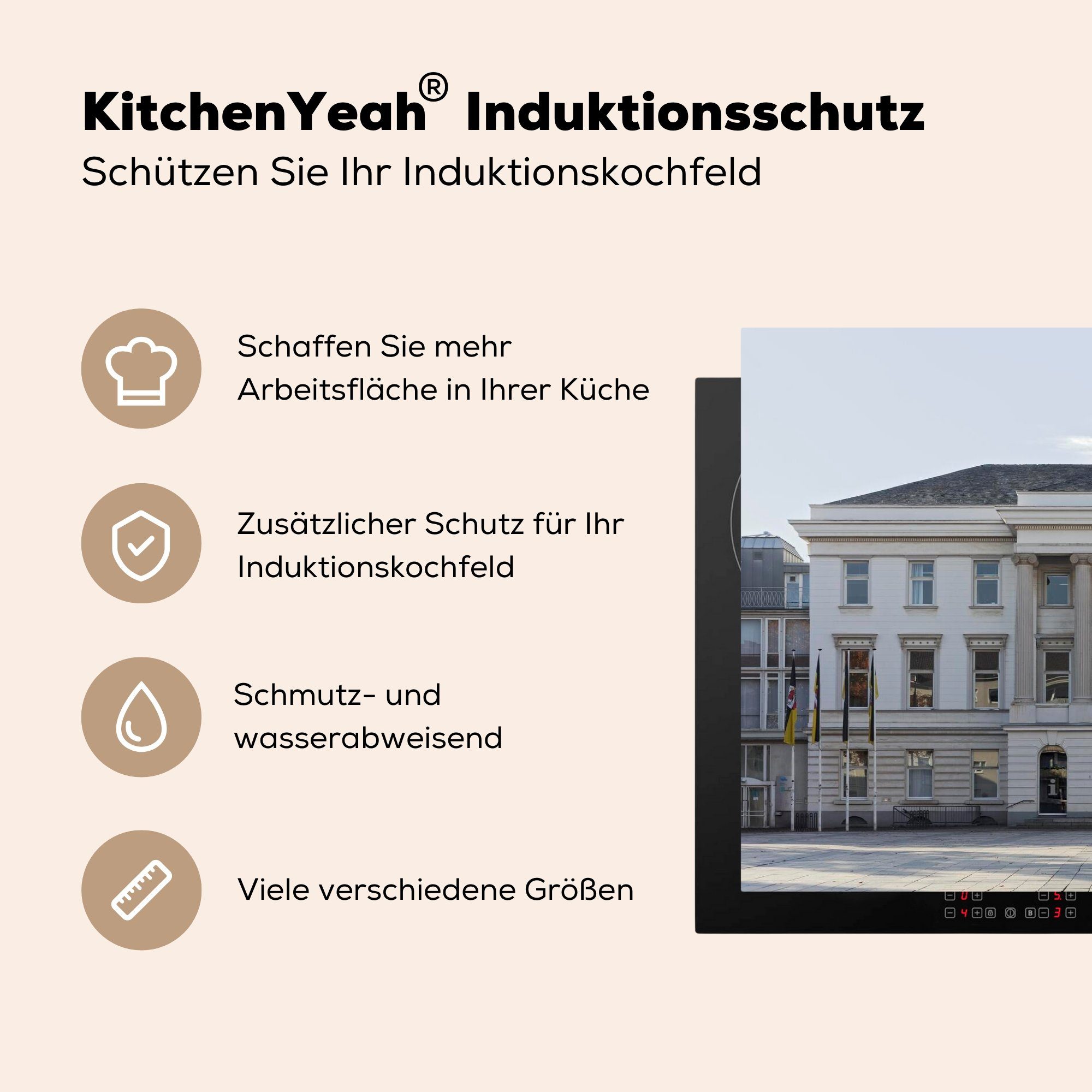 Vinyl, Stadt Herdblende-/Abdeckplatte Krefeld, (1 Schutz Rathaus Induktionskochfeld deutschen der MuchoWow für Das die küche, Ceranfeldabdeckung cm, 81x52 tlg),