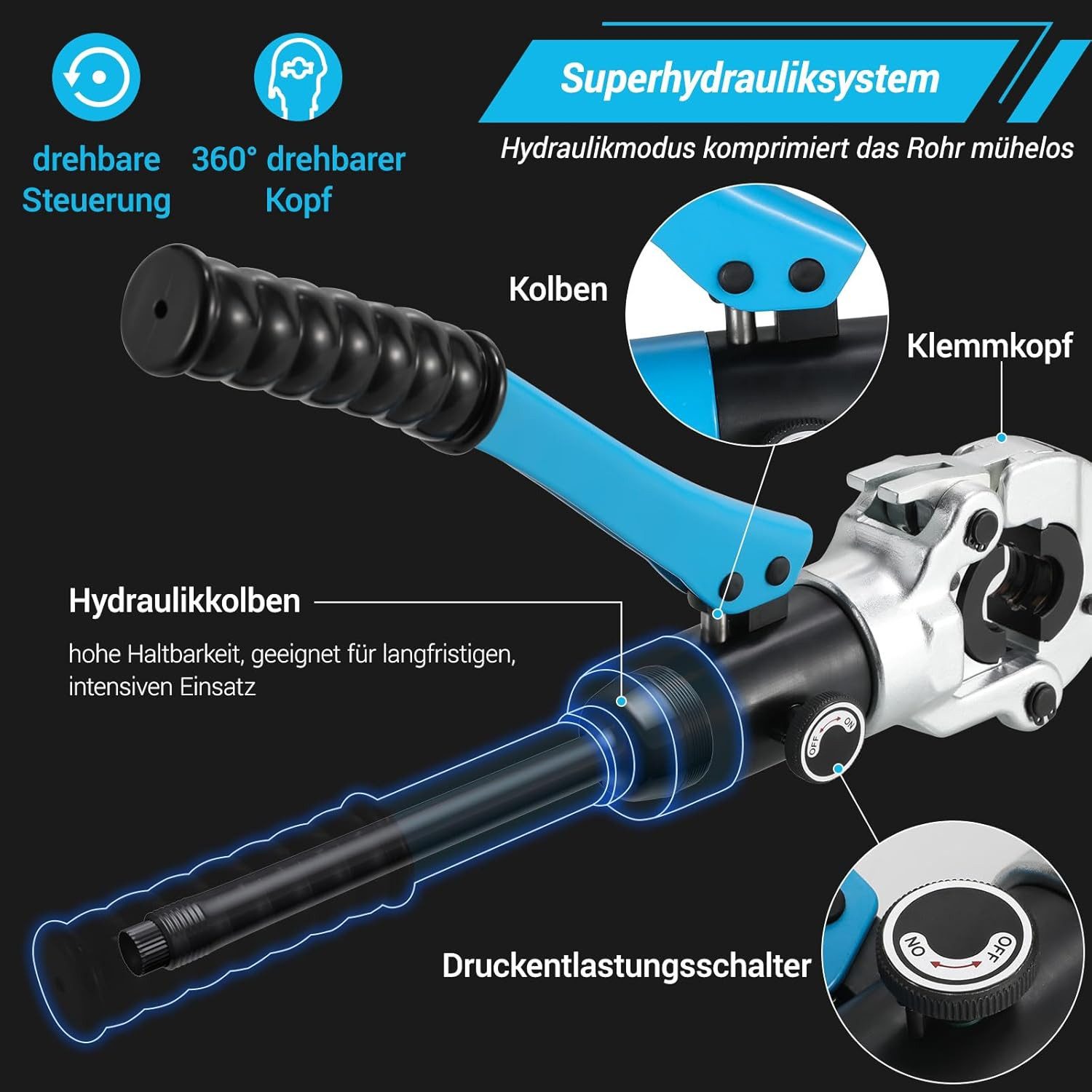 TLGREEN Kneifzange Profi Presszange, Gas und Haus-rohre hydraulische presszange, 360° drehbarem Kopf Rohrpresszange