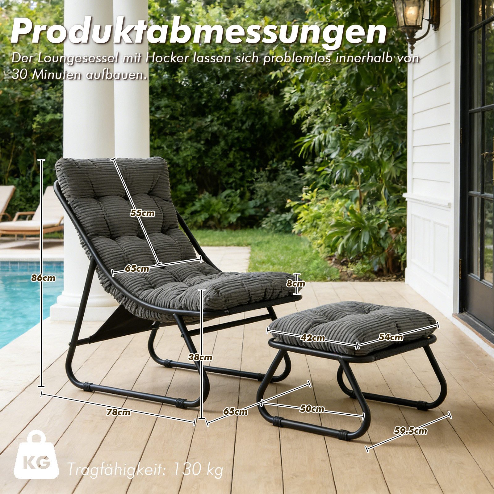 LVHOM Loungesessel mit Hocker, wasserdichtem Stahlrahmen, ergonomisch, für In-/Outdoor (Relaxsessel, bequeme Sitzfläche, Hocker als temporärer Sitz/Schuhwechselbank, rutschfestes Design, rostfreier Metallrahmen, Tragfähigkeit 130 kg), für Garten, Balkon, Wohnzimmer, Schlafzimmer, Arbeitszimmer, Innenhöfe