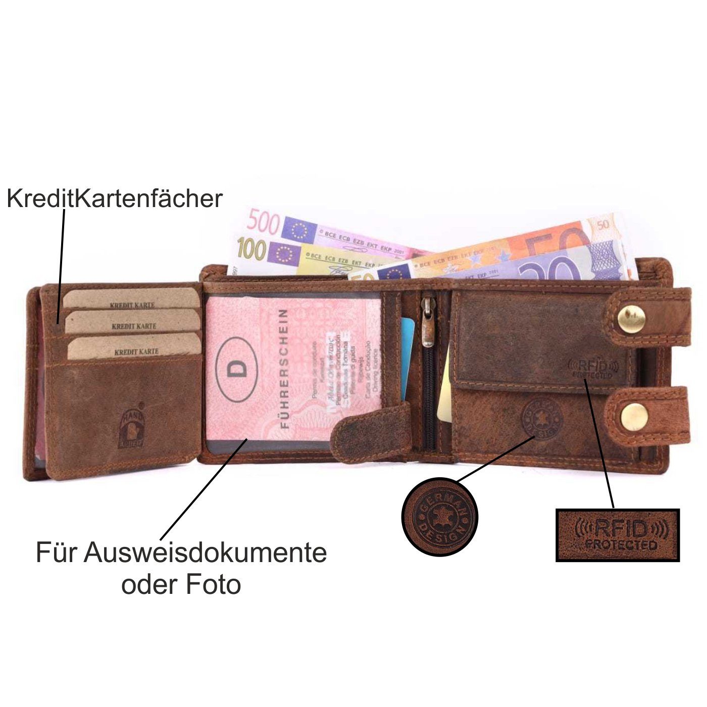 Portemonnaie, Lederbörse SHG mit Börse Münzfach Herren Brieftasche Büffelleder Leder Männerbörse Geldbörse Schutz mit Kette RFID