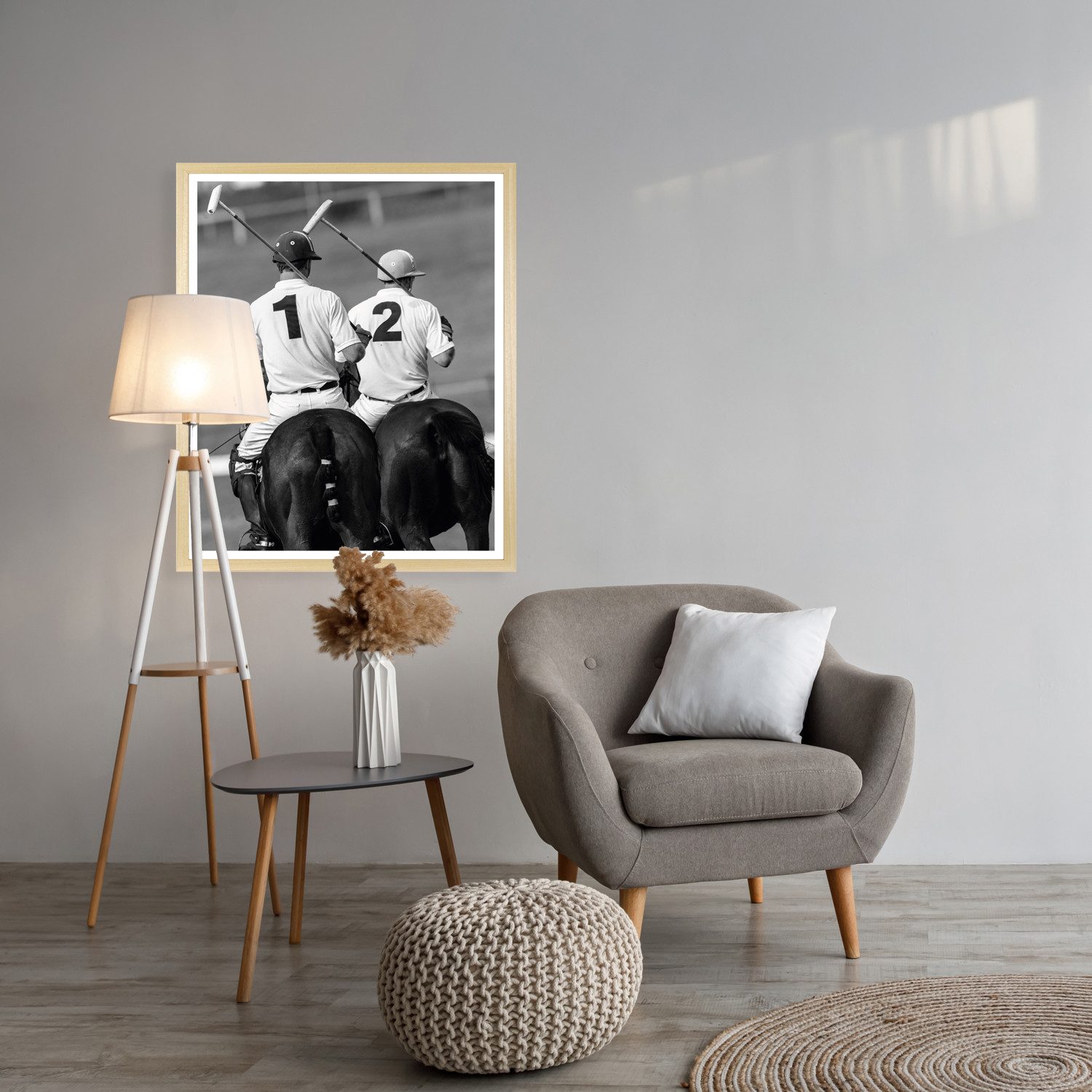 queence Bild mit Rahmen Vintage Polo Club Polospieler, Bär, Bären, Fashion, Figuren, Mode, Modebilder, HD Premium Poster-Druck inkl. Echtholzrahmen in beige