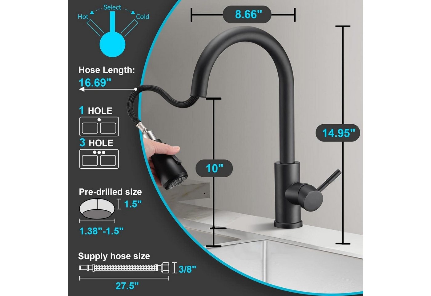 Thumbnail - ibettertec Waschtischarmatur Wasserhahn Bad Schwarz,Waschtischarmatur Waschbecken-Küchenarmatur (schwarz,mit Handbrause,...