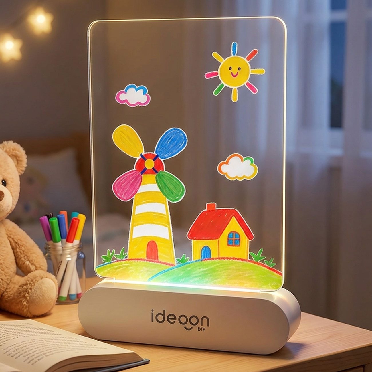 shop'n smile ideoon Wandtafel Kreative LED Acryl Maltafel für Kinder, (1-tlg), mit Akku & 7 Buntstifte