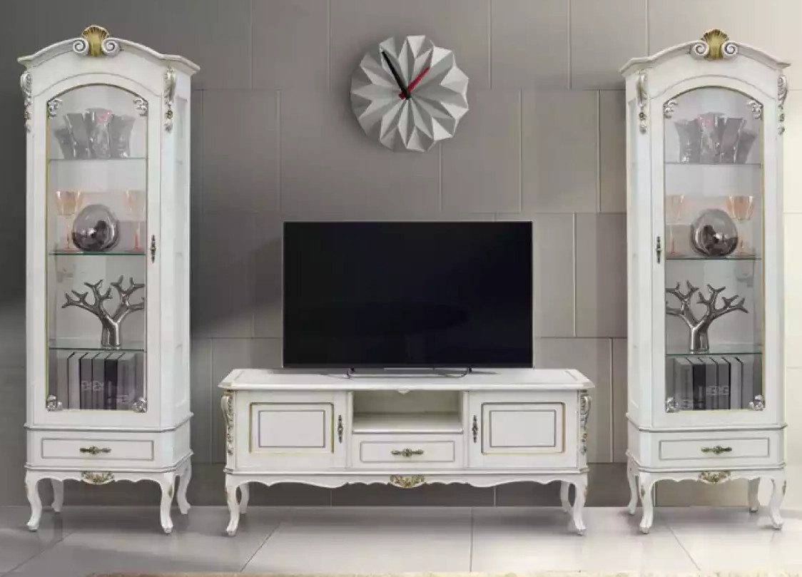 Xlmoebel Wohnwand Elegante Wohnwand im italienischen Stil in Weiß, (3-St., Set 3tlg. Wohnwand (TV-Ständer + 2x Vitrine), Hergestellt in Europa