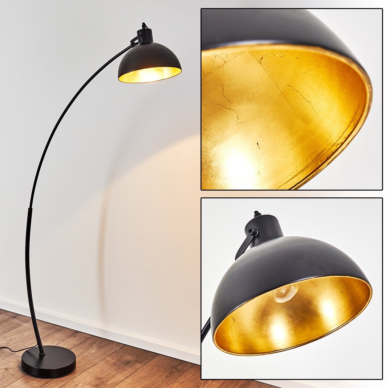 hofstein Stehlampe »Nemoli« Vintage Stehleuchte, Lampenschirm in Gold/Schwarz aus Metall, ohne Leuchtmittel, E27, im Retro-Design, mit Fußschalter am Kabel, auch