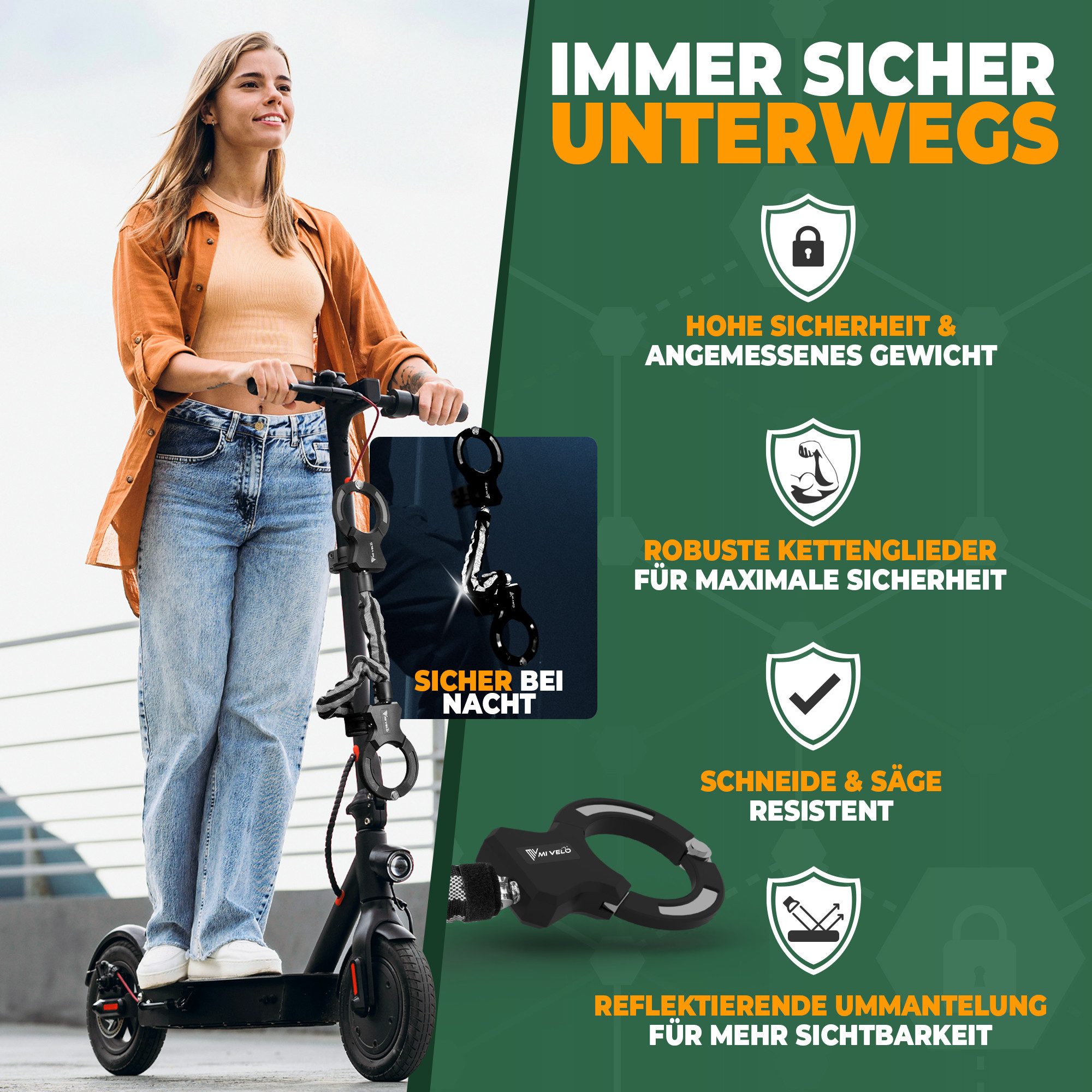 MIVELO Kettenschloss MIVELO HANDSCHELLENSCHLOSS für E-Scooter und Fahrrad 90cm, 8 mm Vierkant Stahlkette – Bild 4 von 5