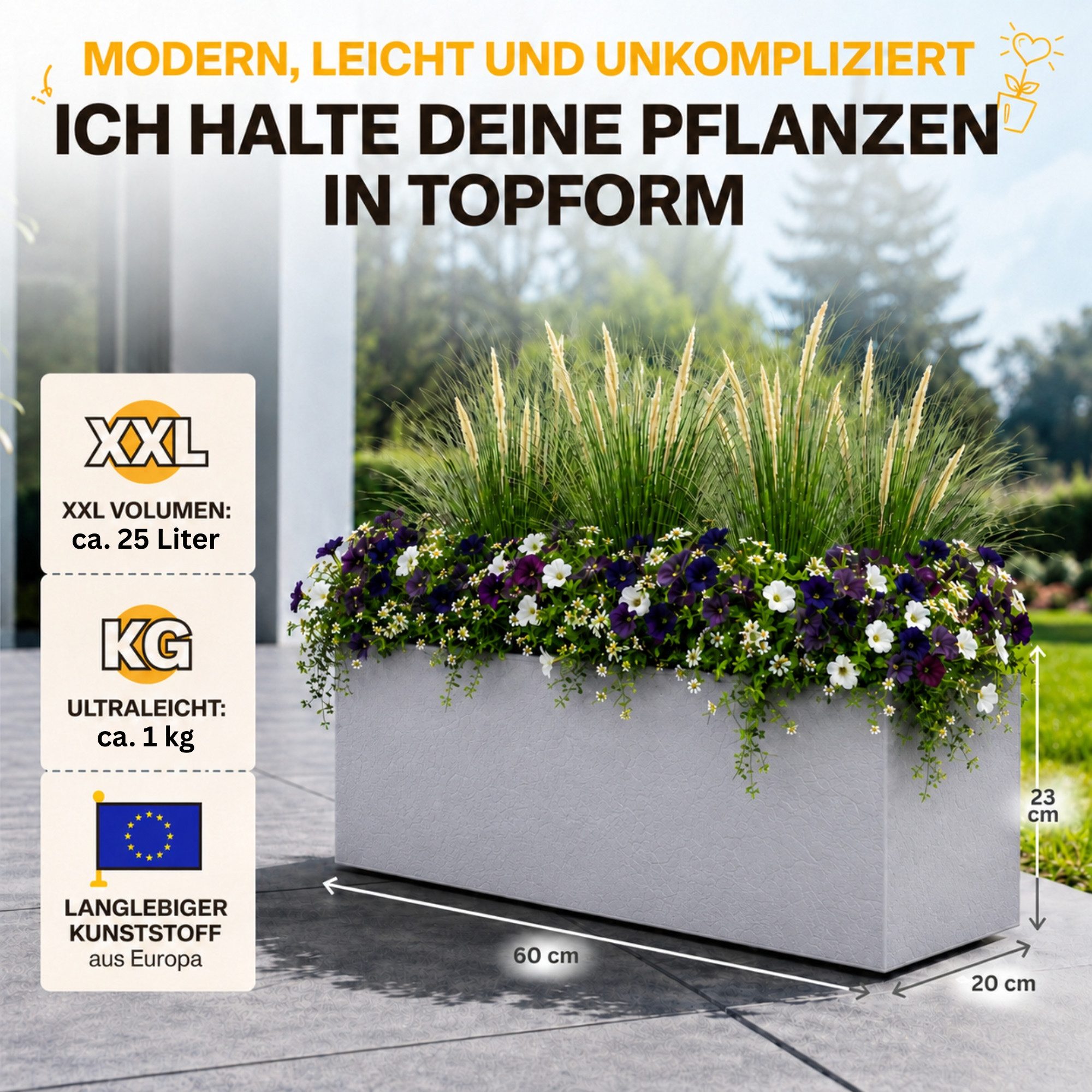 ONDIS24 Pflanzkübel Balkonkasten mit Wasserspeicher, 25L Pflanzvolumen, Pflanzkübel, Vulkan/Basalt, rechteckig, Blumentopf, Balkon Terrasse