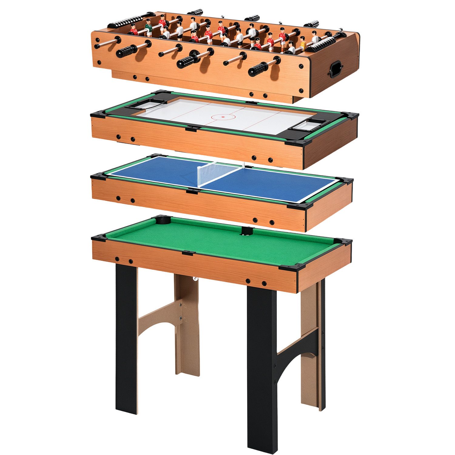 HOMCOM Spieltisch 4-in-1 Multispieltisch, (Multifunktionstisch, 1-tlg), mit Tischfußball Tischhockey Tischtennis Billard, Naturholz+Schwarz