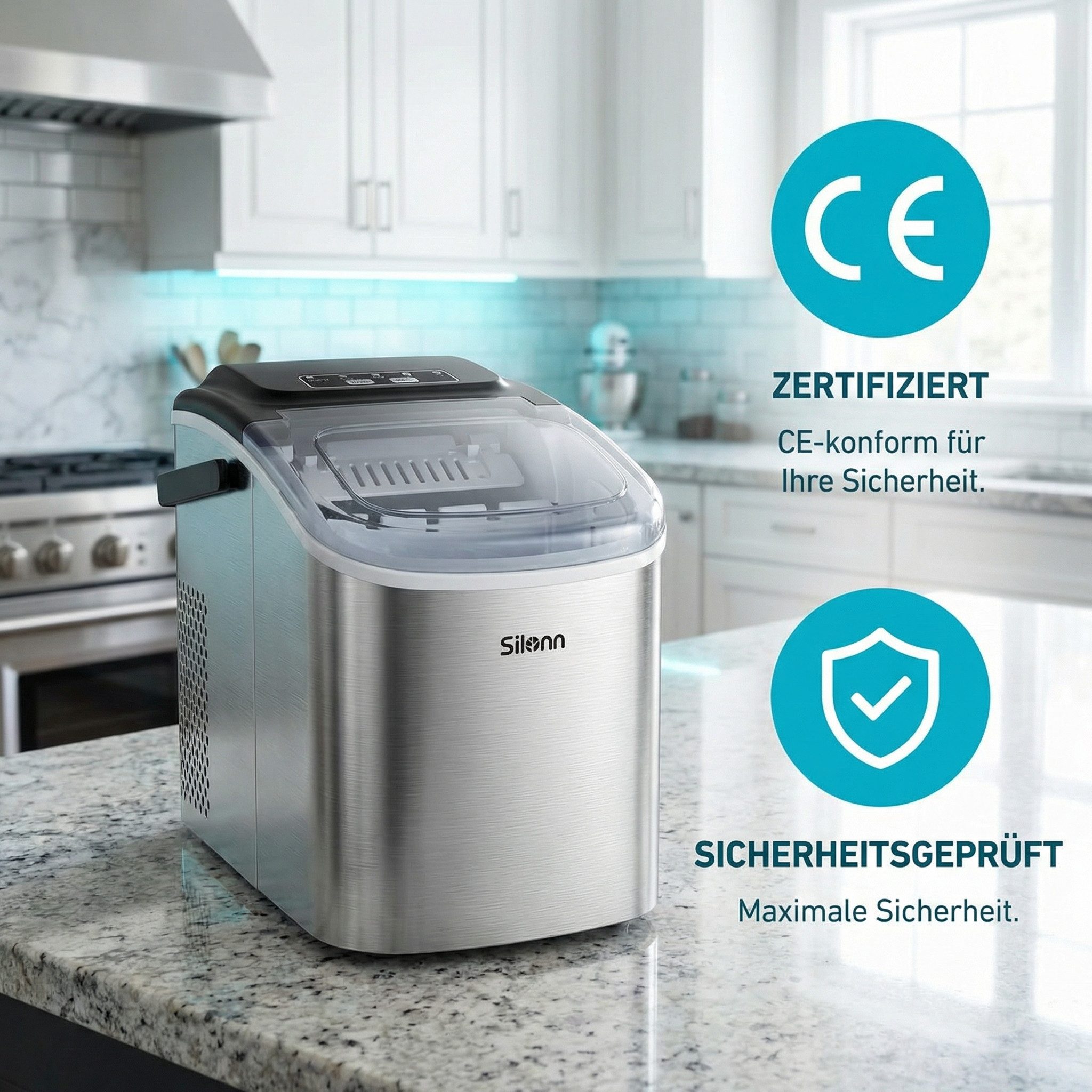 Silonn Eiswürfelmaschine Tragbar Eiswürfelbereiter – 6-minütige Eisherstellung, 2 Eisgrößen, 12kg/Tag, Selbstreinigend, LED-Anzeige – Für Haushalt, Camping & Pa – Bild 4 von 5