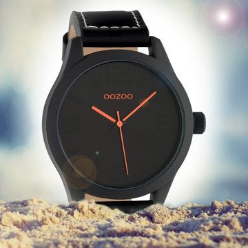 OOZOO Quarzuhr Oozoo Herren Armbanduhr schwarz Analog, (Analoguhr), Herrenuhr rund, extra groß (ca. 46mm) Lederarmband, Fashion-Style