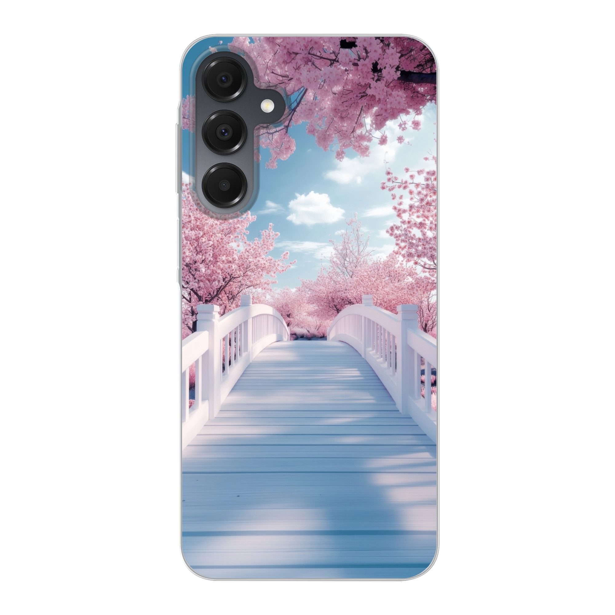 MuchoWow Handyhülle für Samsung Galaxy A16 5G Brücke - Kirschbäume - Weiß, Phone Case, Silikon, Schutzhülle Dünn