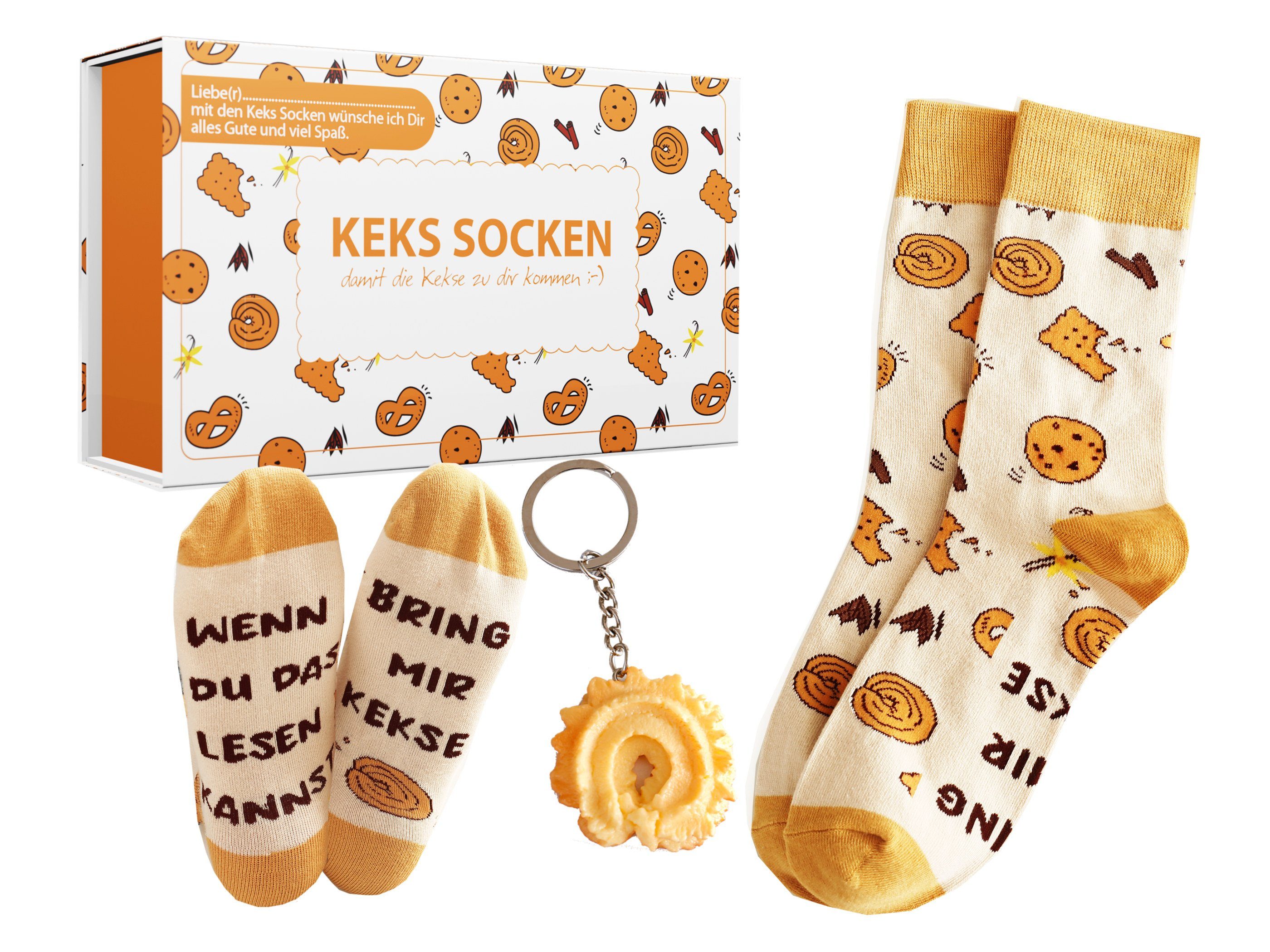 Lucadeau Freizeitsocken Geschenkset für Frauen und Männer, Keks Socken mit Spruch (1 Paar) rutschfest, Gr. 37-43, Geburtstagsgeschenk