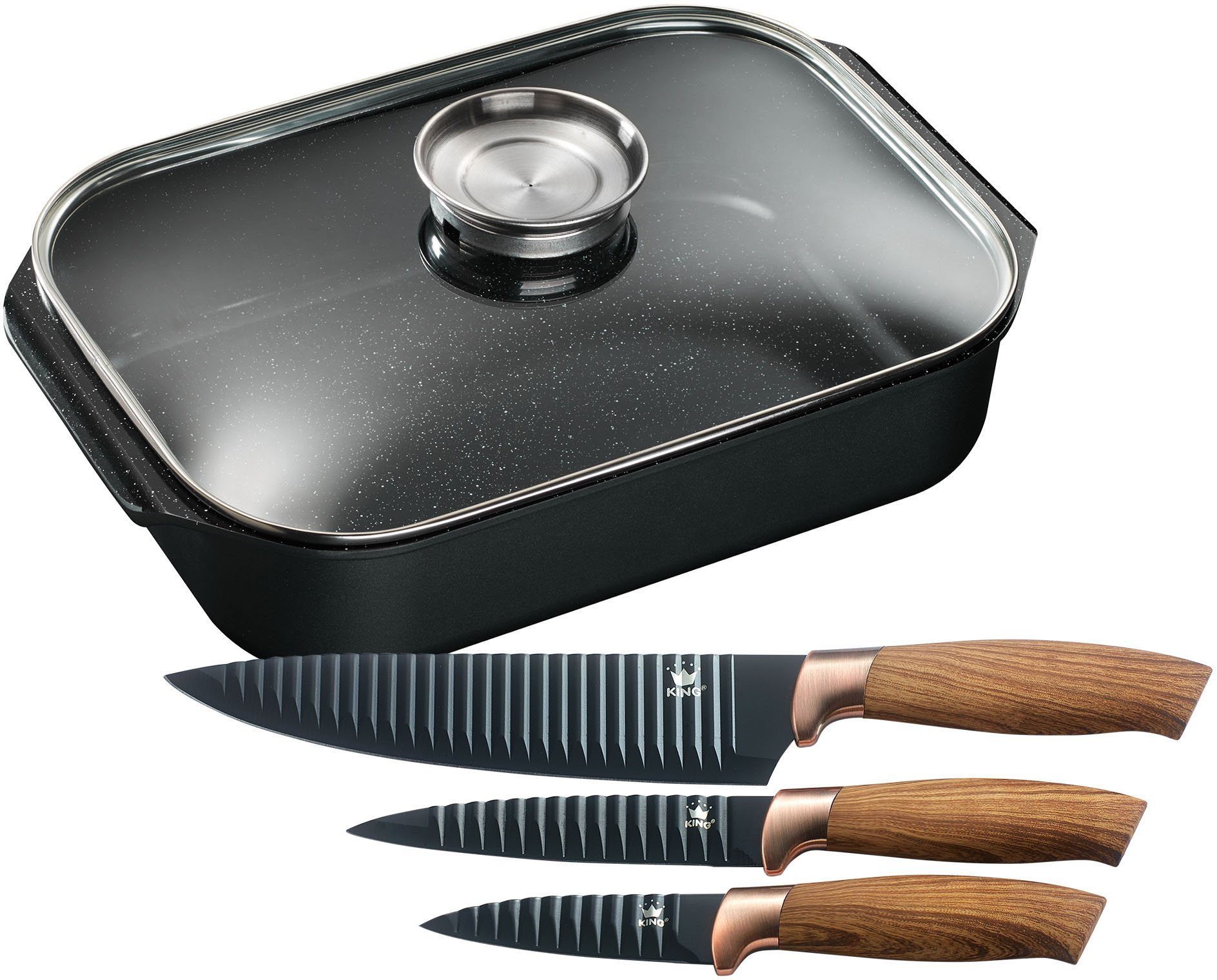 KING Bräter, Aluminiumguss (Set, 5-tlg), Bräter 6 L+Glasdeckel,Keramikbeschichtung»Fusion«,Aromaknopf,Messer