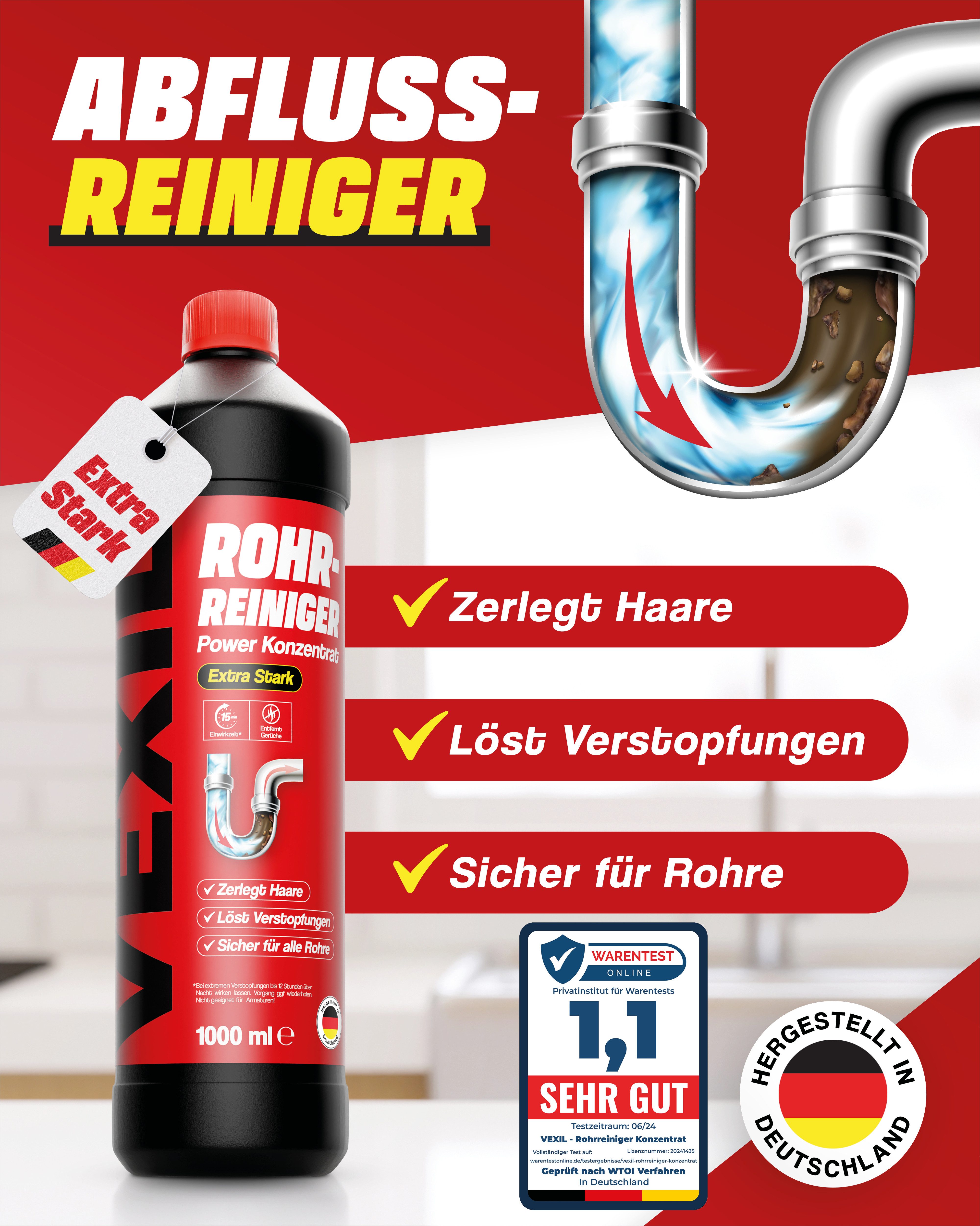 VEXIL Rohrreiniger - Profi Abflussreiniger EXTRA STARK für Extremfälle - 1L Rohrreiniger (1x 1 L Flasche 1 L)
