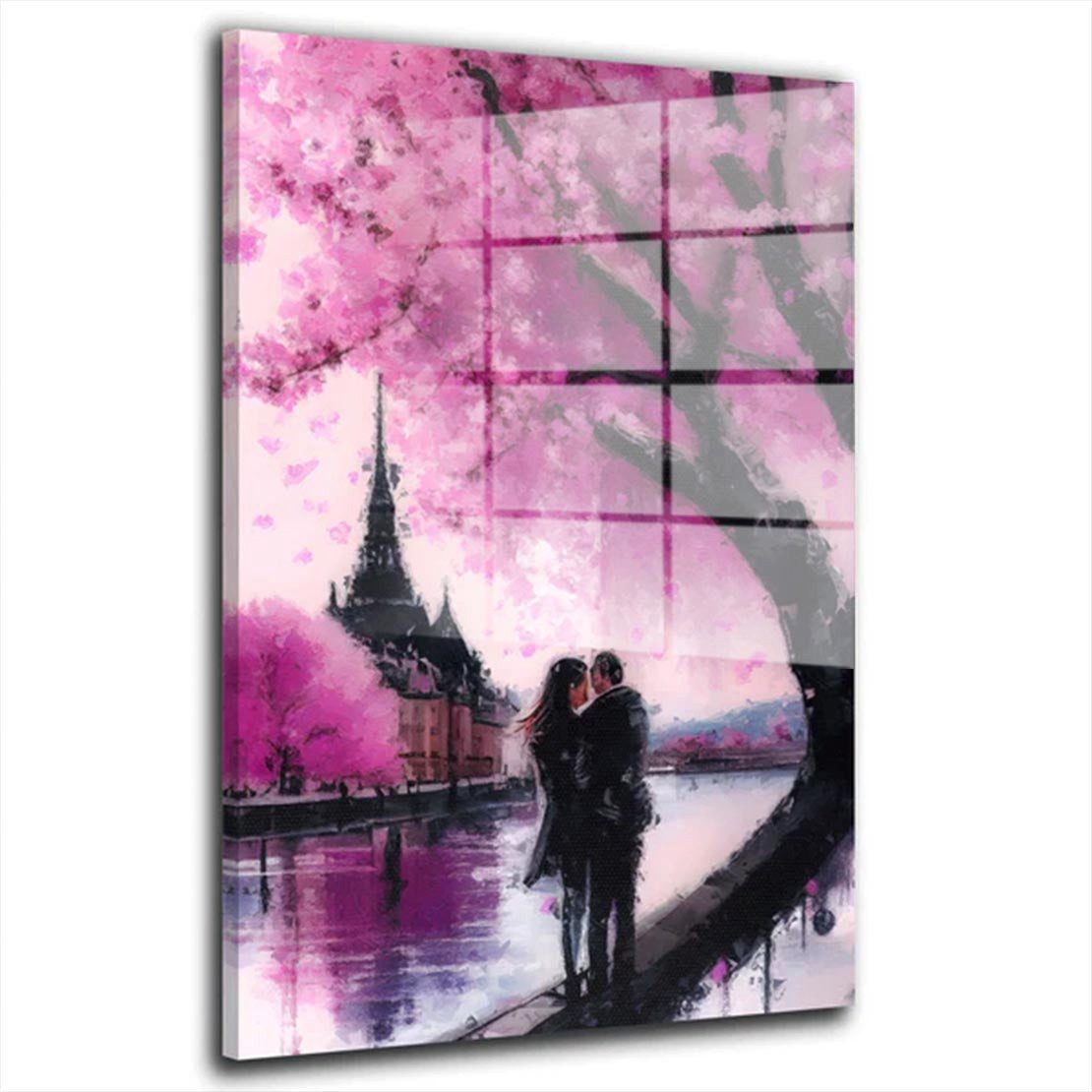 Artedinoi Acrylglasbild Liebespaar Paris Acrylglasbild Wandbild Modern Romantik Bunt XXL, Liebespaar vor der Pariser Skyline mit Eiffelturm in warmer Lichtstimmung.