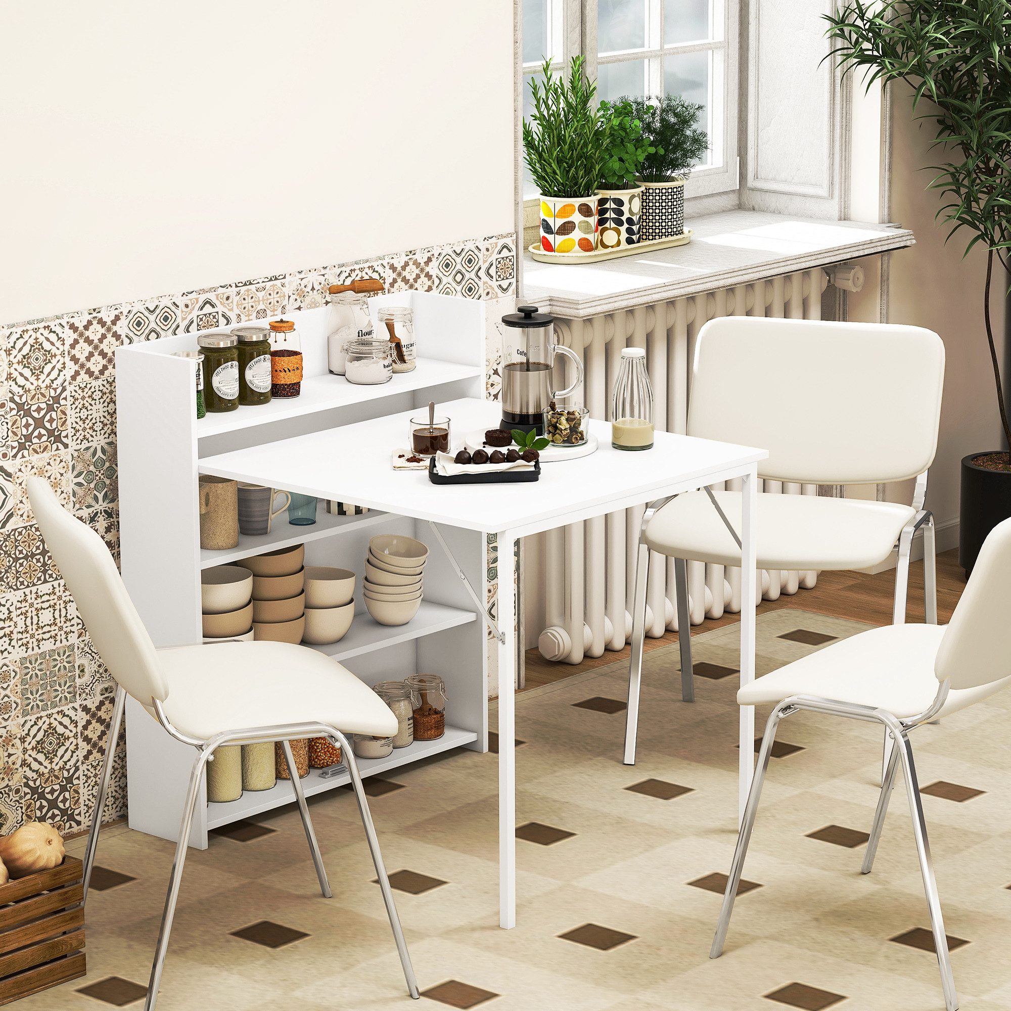 HOMCOM Klapptisch Esstisch Klappbar für 3 Personen mit 4-stufigen Regalen (Esszimmertisch, 1-St., Küchentisch), für kleine Räume, Küche, Esszimmer, 78,5 x 91 x 93 cm, Weiß