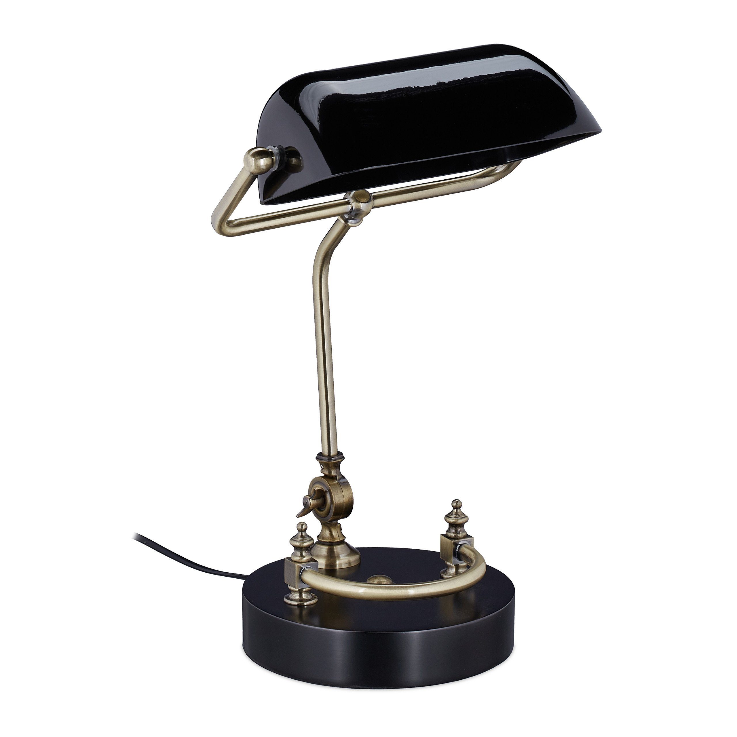 relaxdays Schreibtischlampe Schwarze Bankerlampe mit Glasschirm