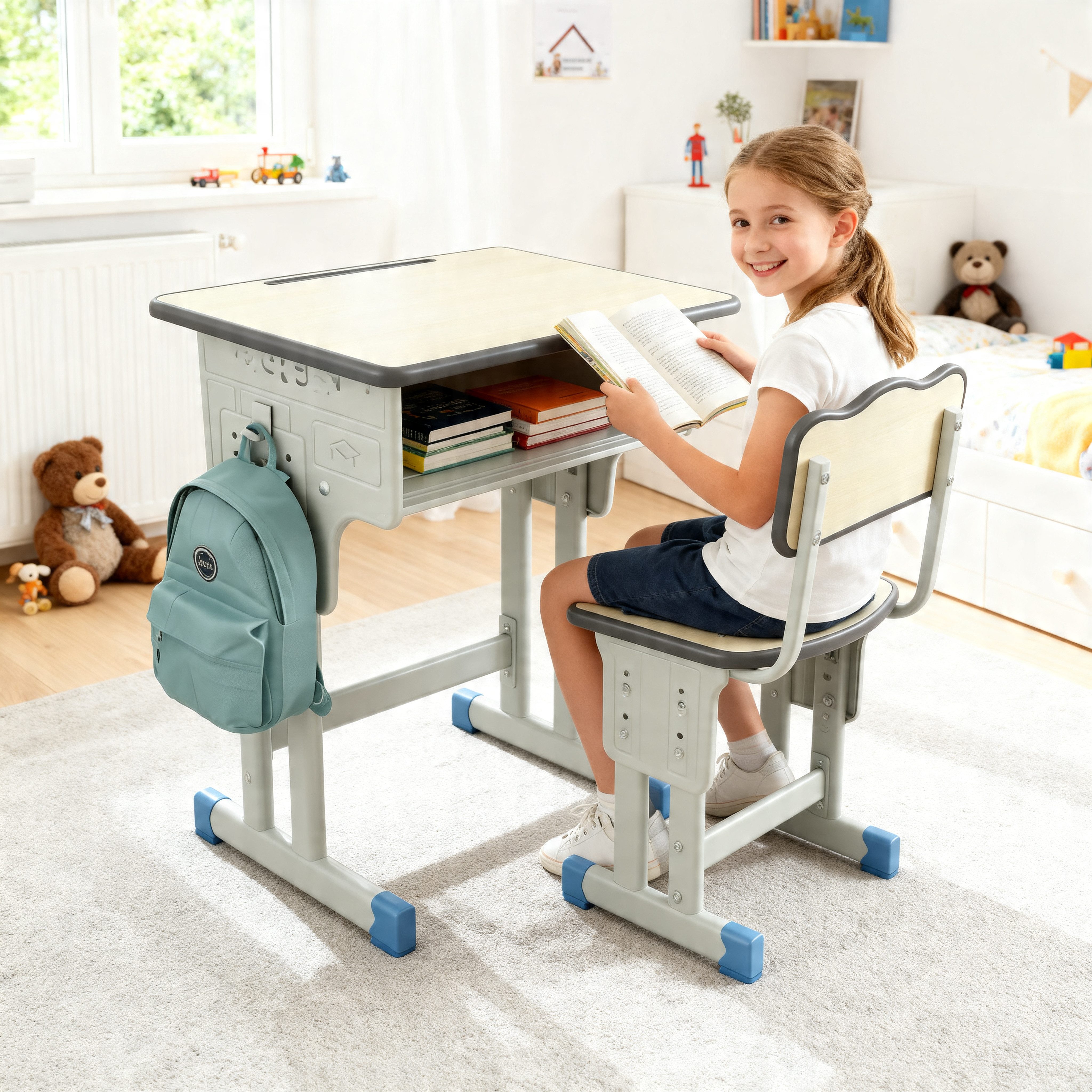BBG Kinderschreibtisch Höhenverstellbares Kinder Schreibtisch Set mit Stuhl (Ergonomischer Lerntisch 60x40 cm, 4-Stufen Höhenverstellung, Ein Tisch, ein Stuhl), – Bild 4 von 5
