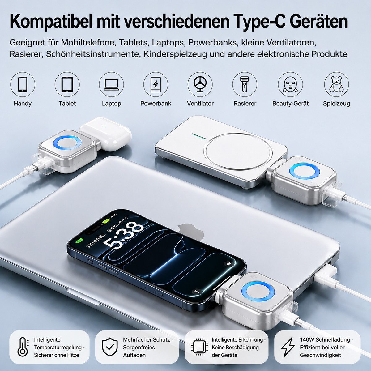 Vashoy Automatischer Lade-Trennstecker mit 140W Unterstützung Smartphone-Ladegerät (5000 mA, Physische Stromtrennung bei vollem Akku, KI-gesteuerter Schutz vor Überladung,Smartphones, Tablets und andere, Zwischenstecker für sicheres Nachtladen)