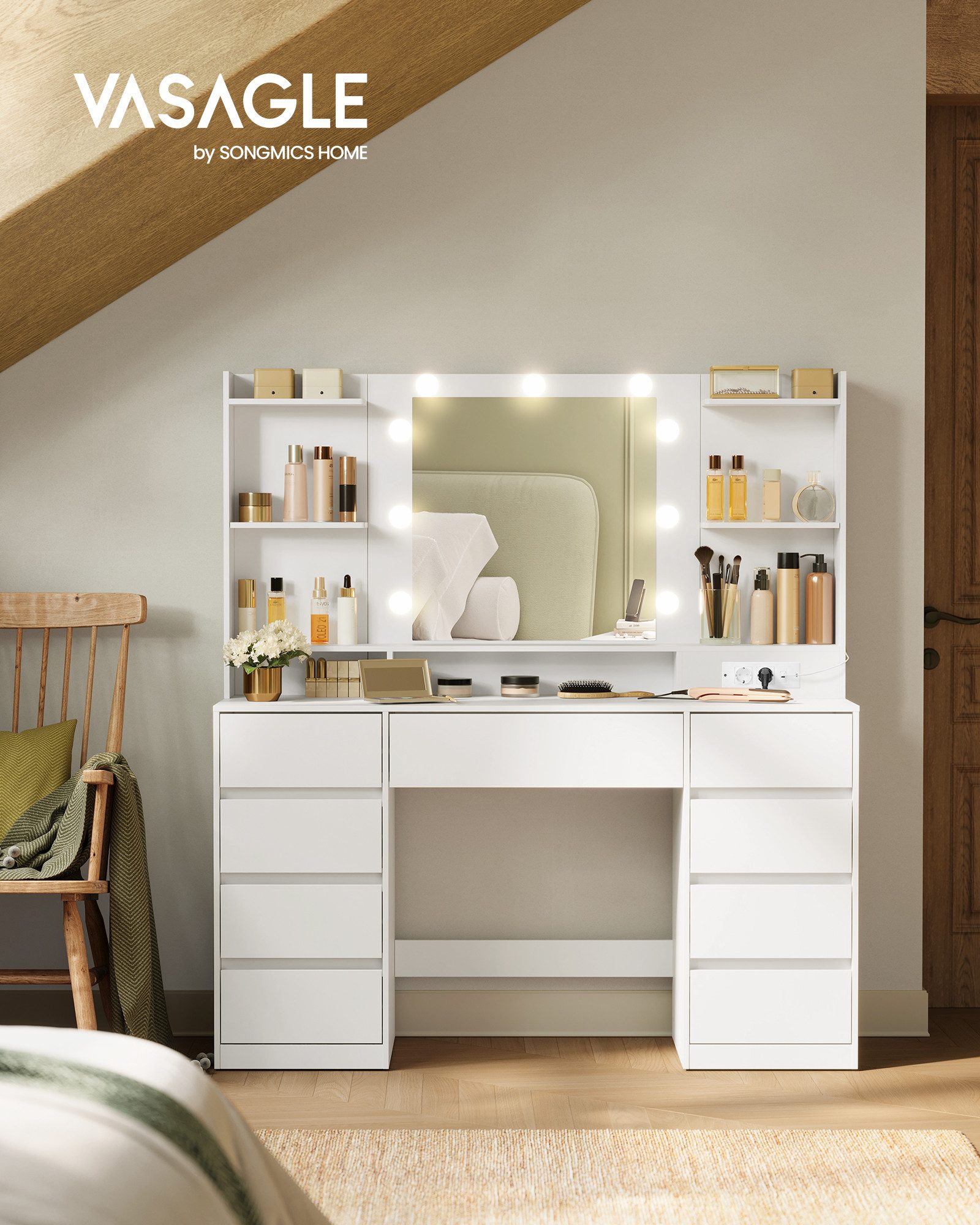 VASAGLE Schminktisch Kosmetiktisch mit Spiegel und 9 dimmbare Glühbirnen, 3 Lichtfarben (1 Tisch mit 1 Hocker), 40 x 107 x 144 cm (T x B x H), 9 Schubladen, müh – Bild 4 von 5