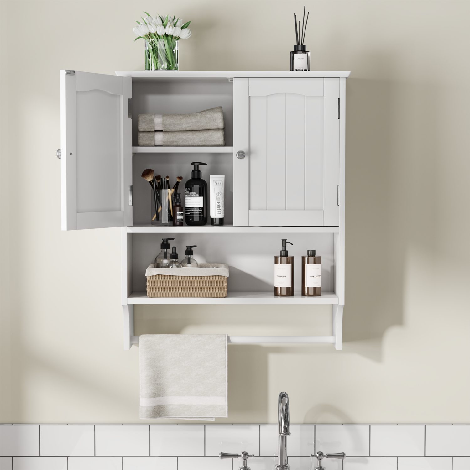 ANYSUN Hängeschrank Wandschrank mit 2 Türen,Stauraum,Bad-Hängeschrank mit Handtuchhalter (1-St., Einzelstück) mit herausnehmbaren Einlegeböden,5 einstellbare Höhen,56.8×19×70 cm