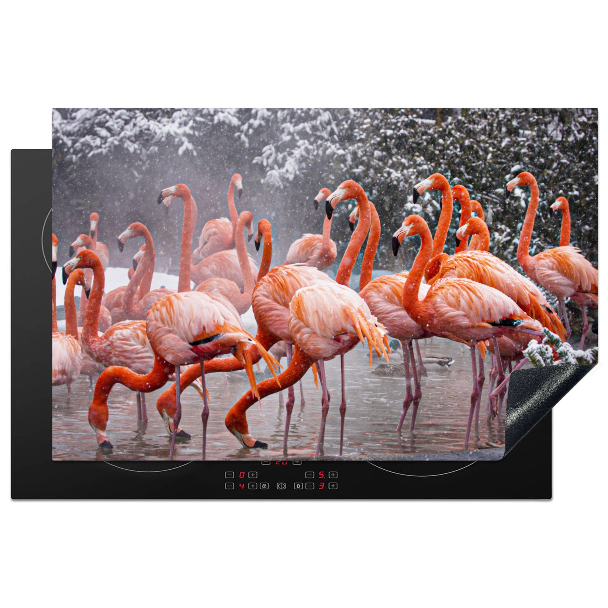MuchoWow Herdblende-/Abdeckplatte Flamingo - Schnee - Wasser, Vinyl, (1 tlg), 81x52 cm, Induktionskochfeld Schutz für die küche, Ceranfeldabdeckung