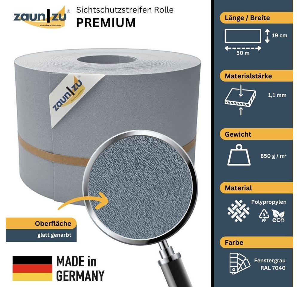 Thumbnail - zaunzu Sichtschutzstreifen Premium für Doppelstabmatten Zaunblende Fenstergrau, 50m, (1 Rolle, genarbte Oberfläche), 5 J...