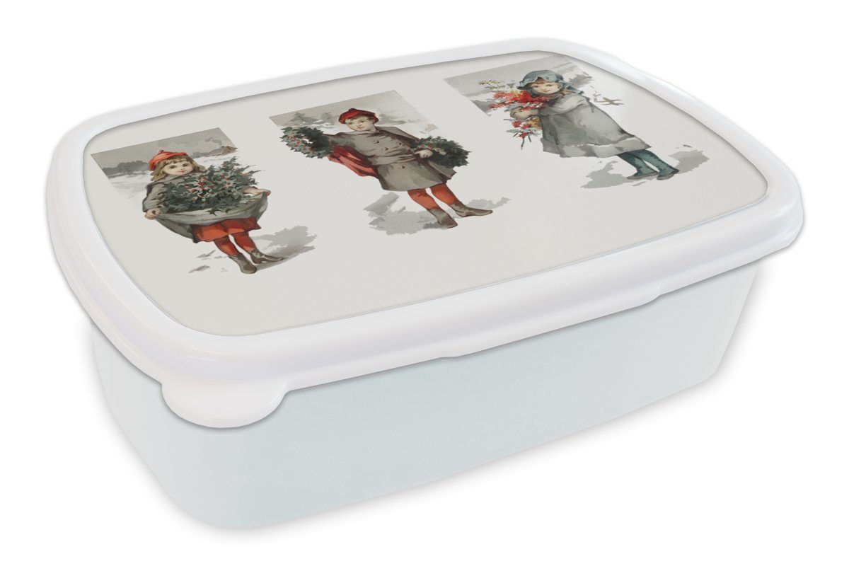 MuchoWow Lunchbox Weihnachten - Schnee - Kinder, Kunststoff, (2-tlg), Brotbox für Kinder und Erwachsene, Brotdose, für Jungs und Mädchen weiß