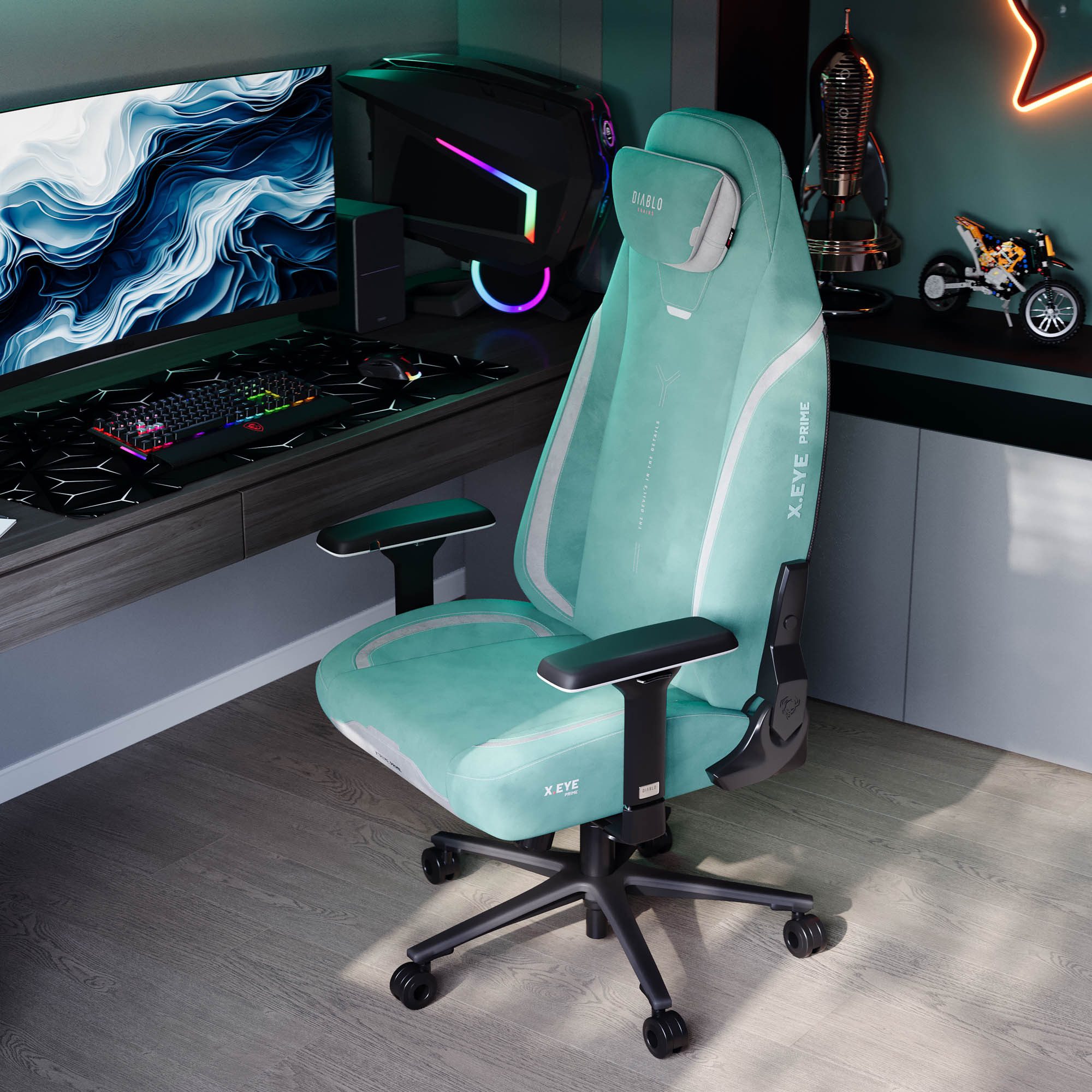 DIABLO CHAIRS Gaming-Stuhl X.Eye Prime Stoff ergonomisch 4D-Armlehnen Metallbasis 140kg (ProSpine Support, Wippmechanik 170°, Klasse-4-Gaslift), Magnet-Kopfstütze CoolComfort GentlePro TiltTech